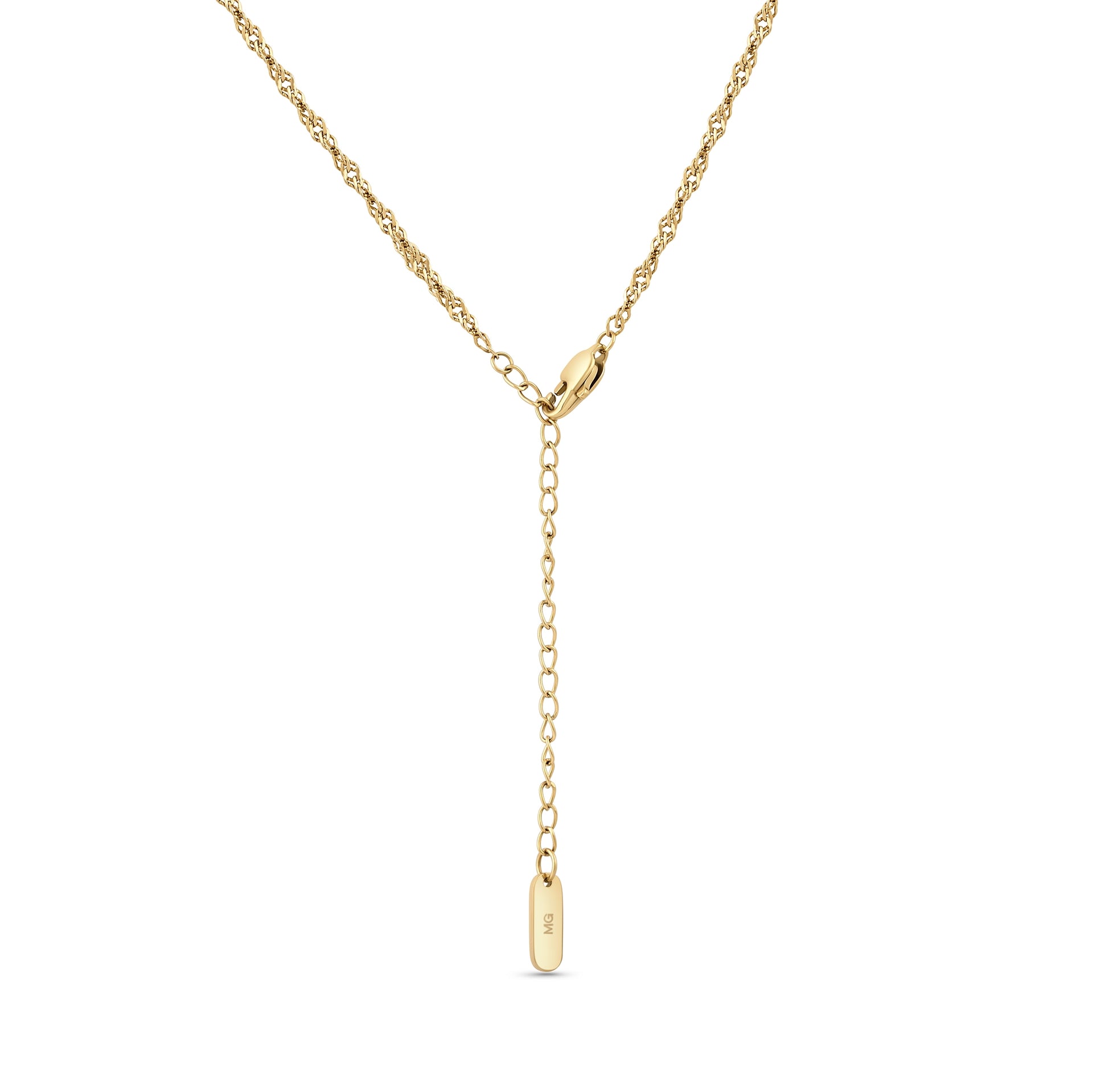 a close up of the extender portion of a 14k gold PVD plated stainless steel singapore chain necklace on a white background
