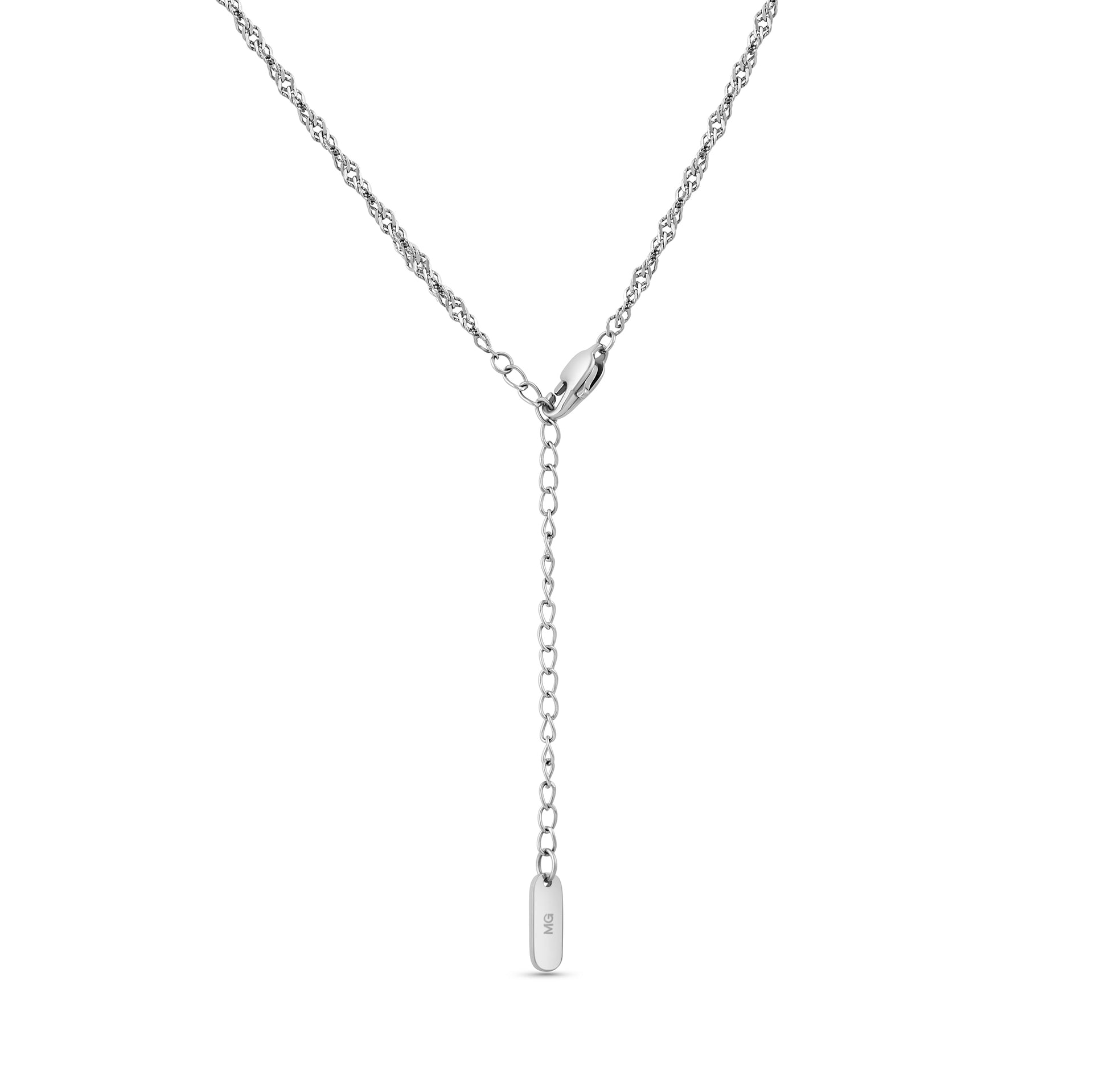 a close up of the extender portion of a silver stainless steel singapore chain necklace on a white background