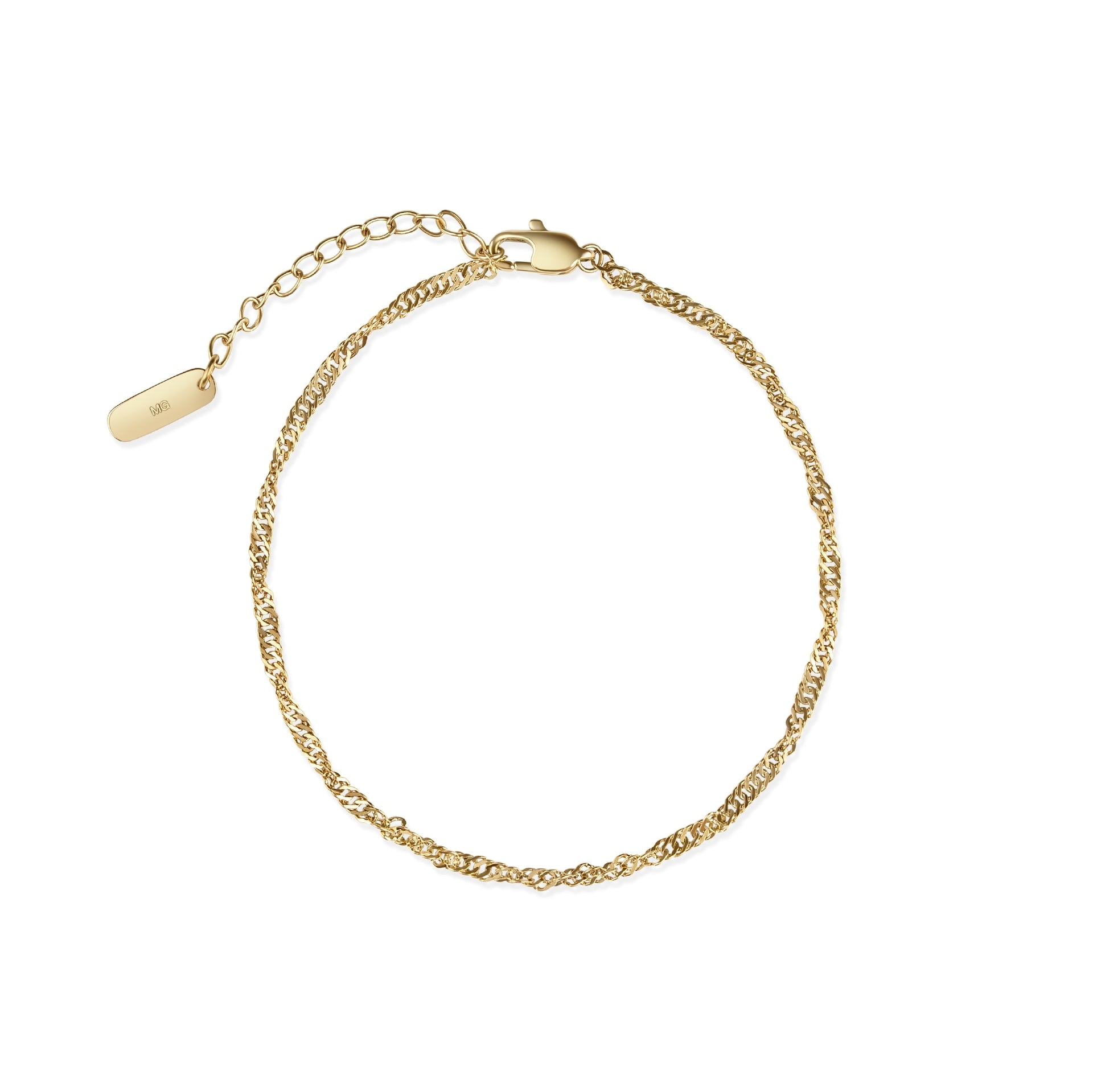 a 14k gold PVD plated stainless steel singapore chain bracelet with an extender on a white background