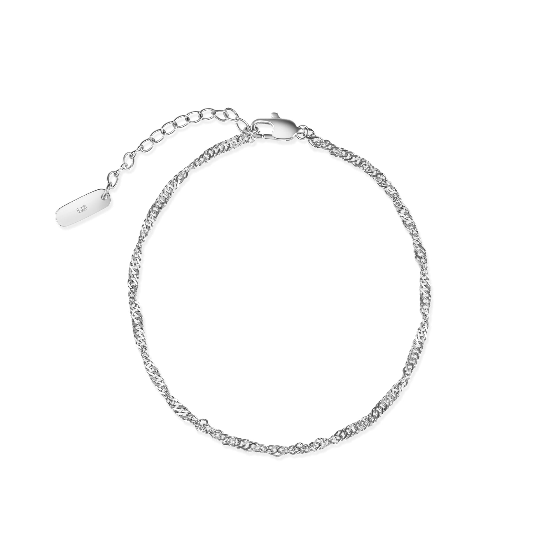 stainless steel singapore chain bracelet with an extender on a white background
