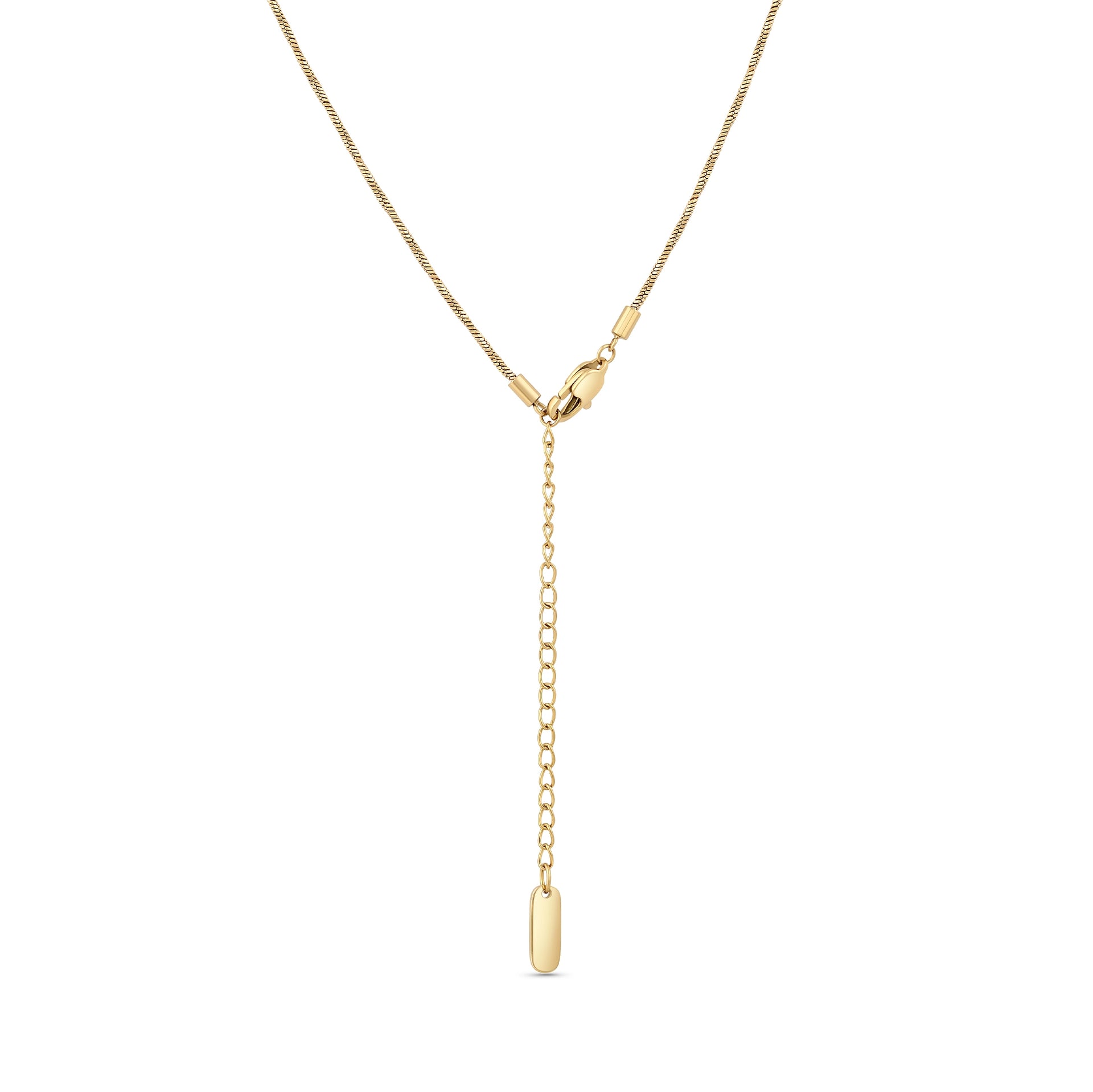 a close up of the extender portion of a 14k gold PVD plated stainless steel snake chain necklace on a white background
