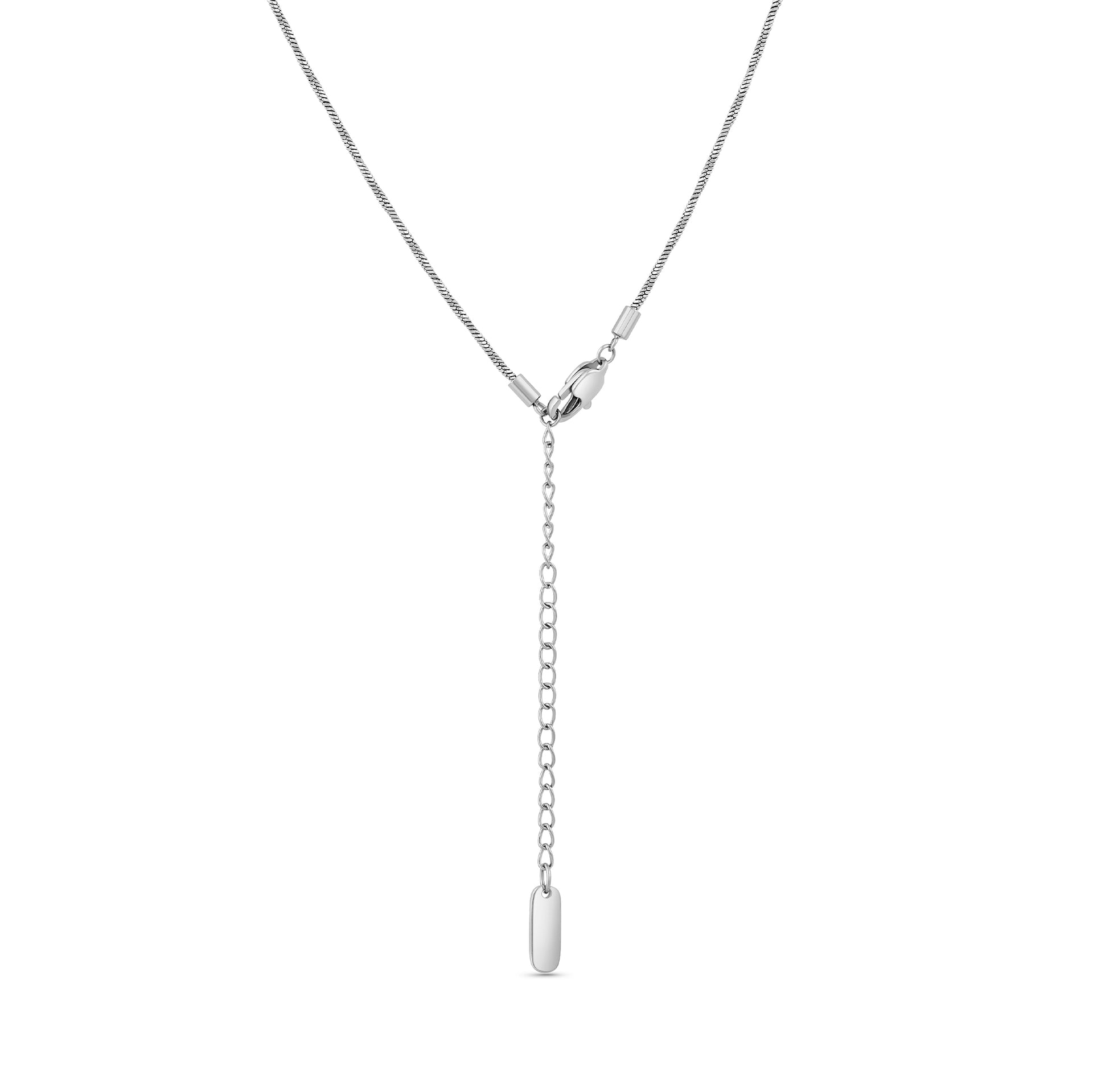 a close up of the extender portion of a silver stainless steel snake chain necklace on a white background