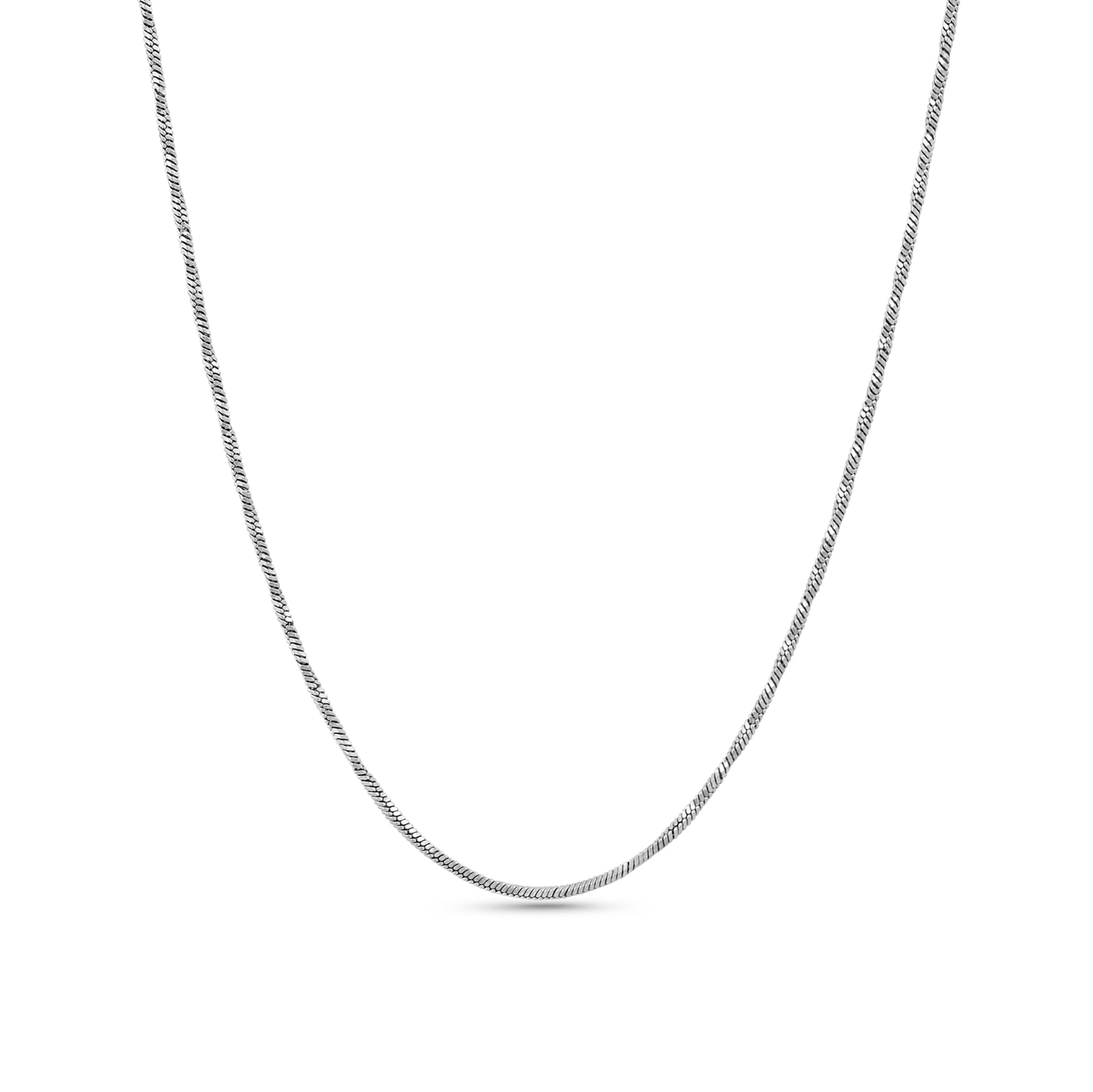 a silver stainless steel snake chain necklace shown on a white background