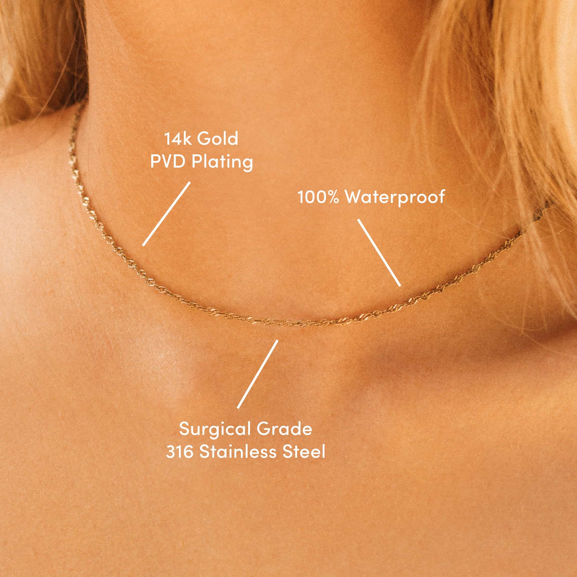 a 14k gold PVD plated stainless steel singapore chain necklace worn by a model with the text overlayed "100% waterproof, tarnish resistant, surgical grade 316 stainless steel"