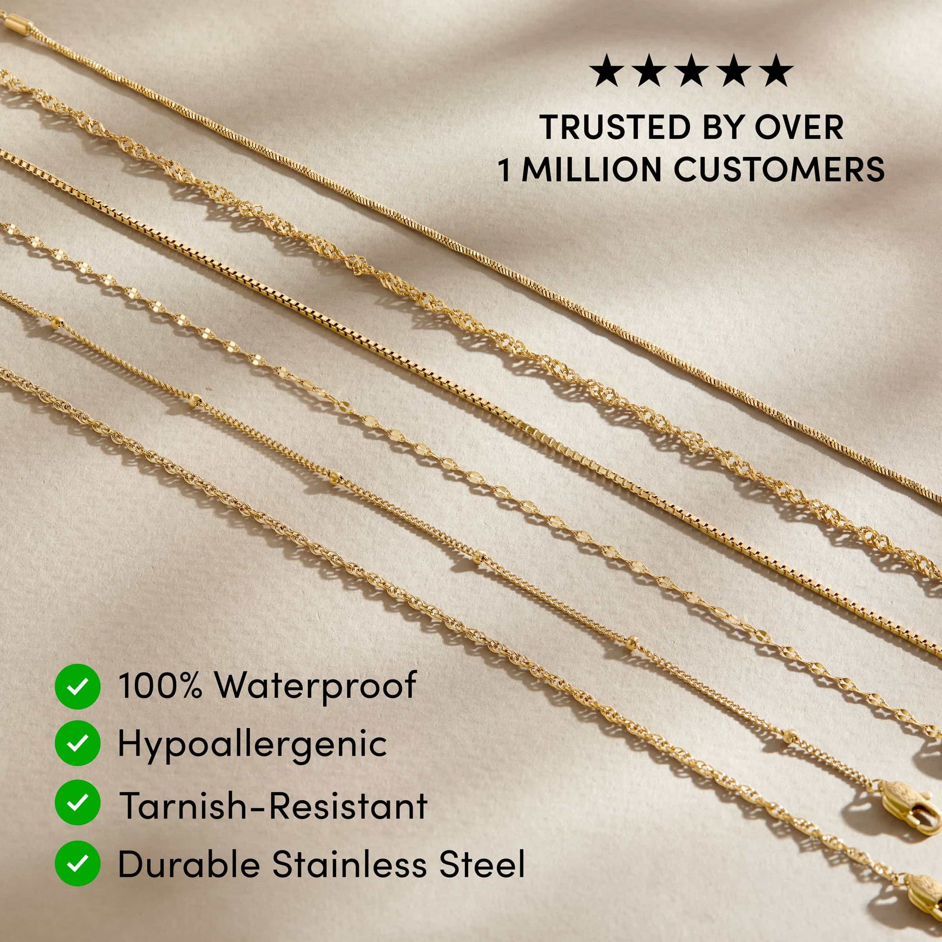 five 14k gold PVD plated stainless steel dainty chain bracelets resting across a tan surface with the text overlayed "trusted by over 1 million customers, 100% waterproof, hypoallergenic, tarnish-resistant, durable stainless steel"