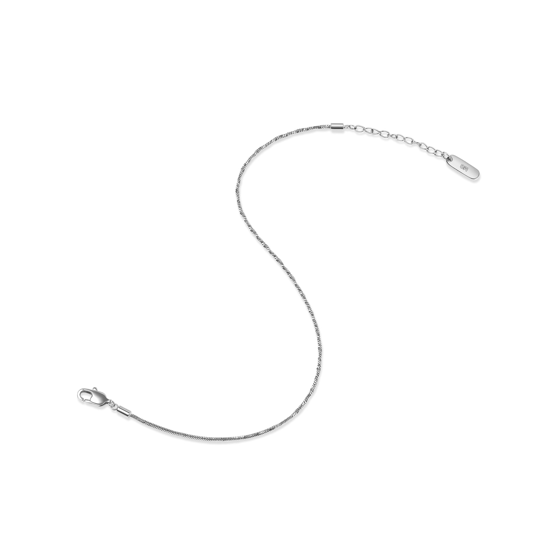a silver stainless steel snake chain bracelet with an extender in an open "S" pose shown on a white background
