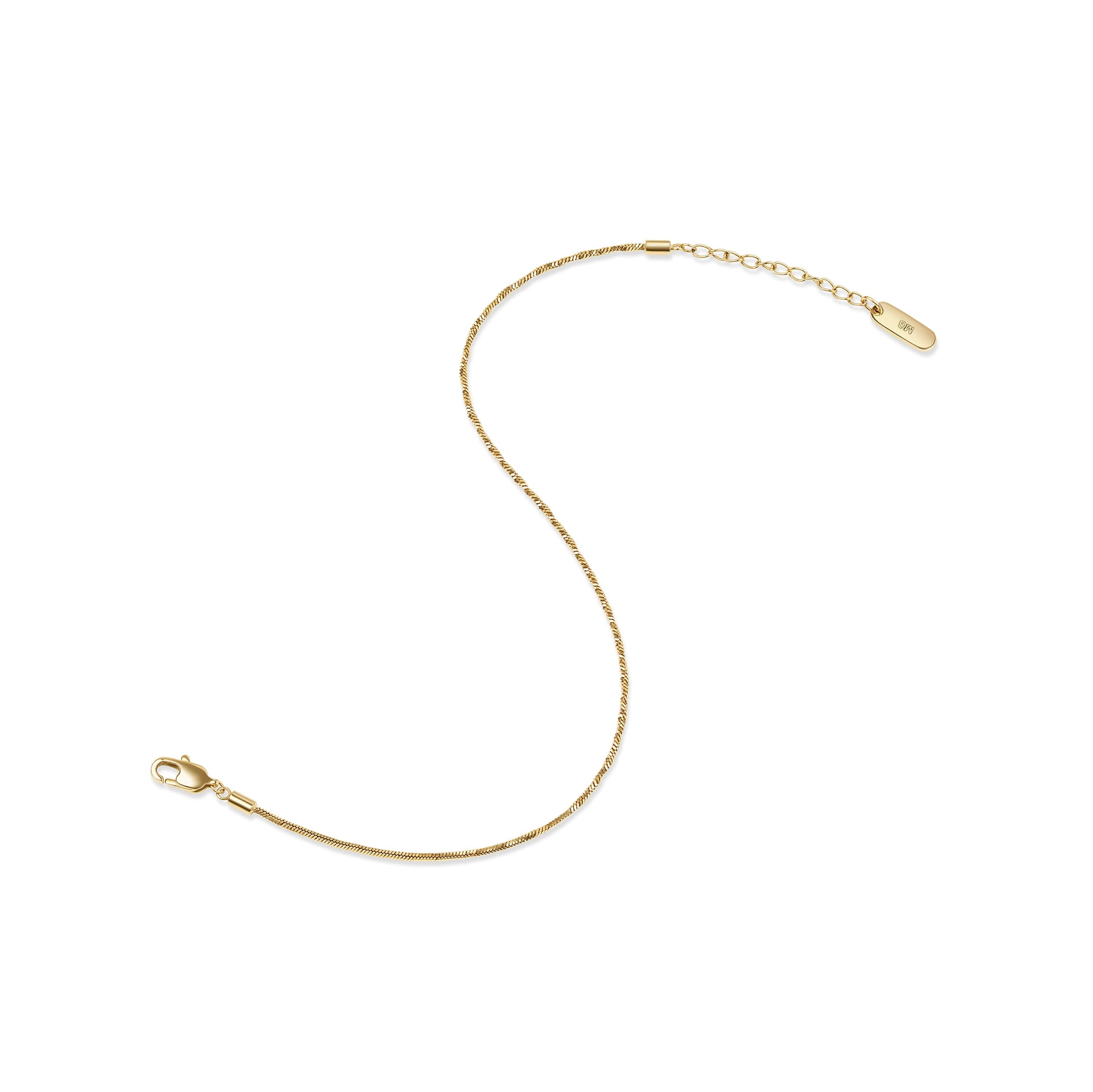 a 14k gold PVD plated stainless steel snake chain bracelet with an extender in an open "S" pose shown on a white background