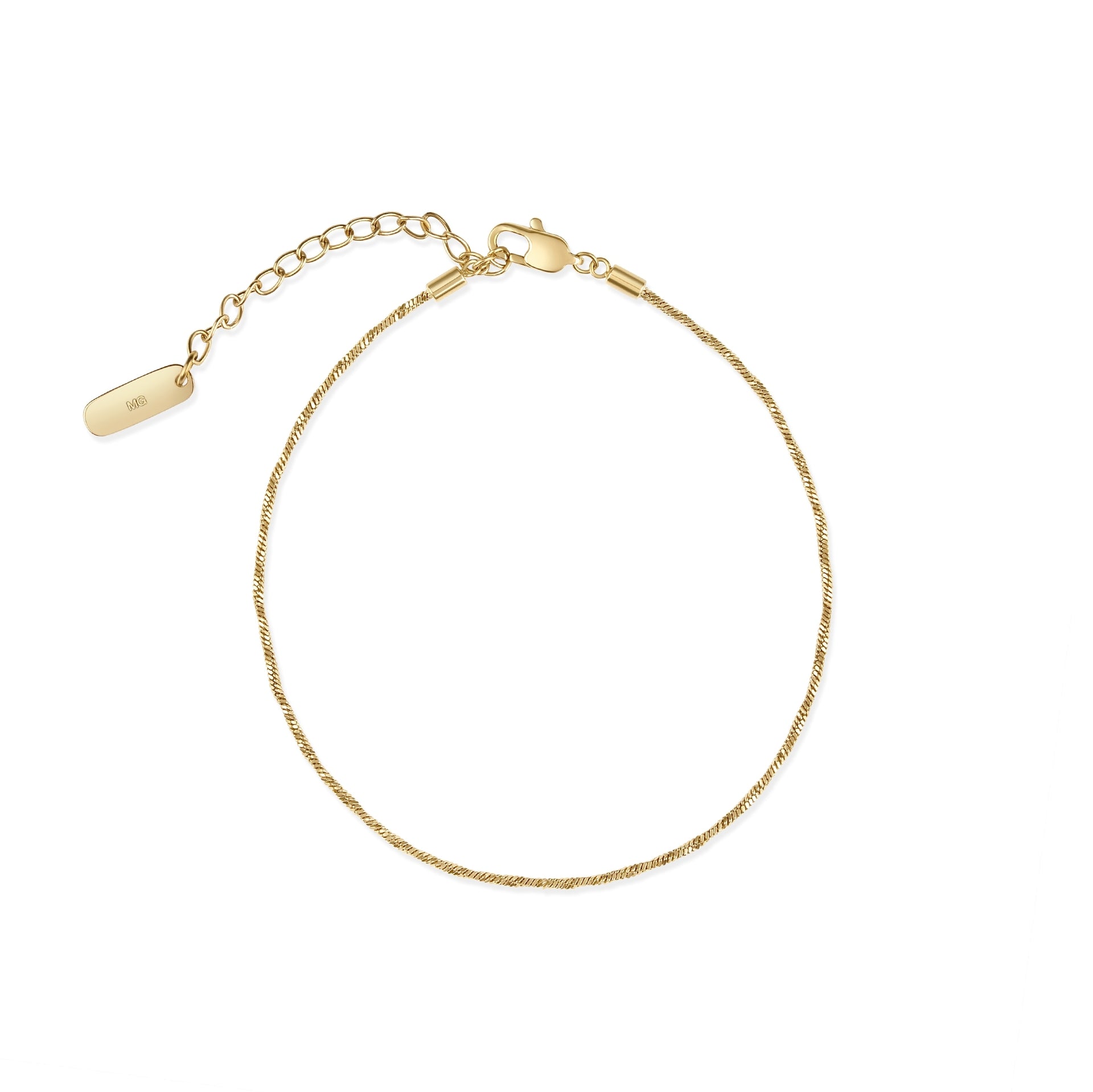 a 14k gold PVD plated stainless steel snake chain bracelet with an extender shown on a white background