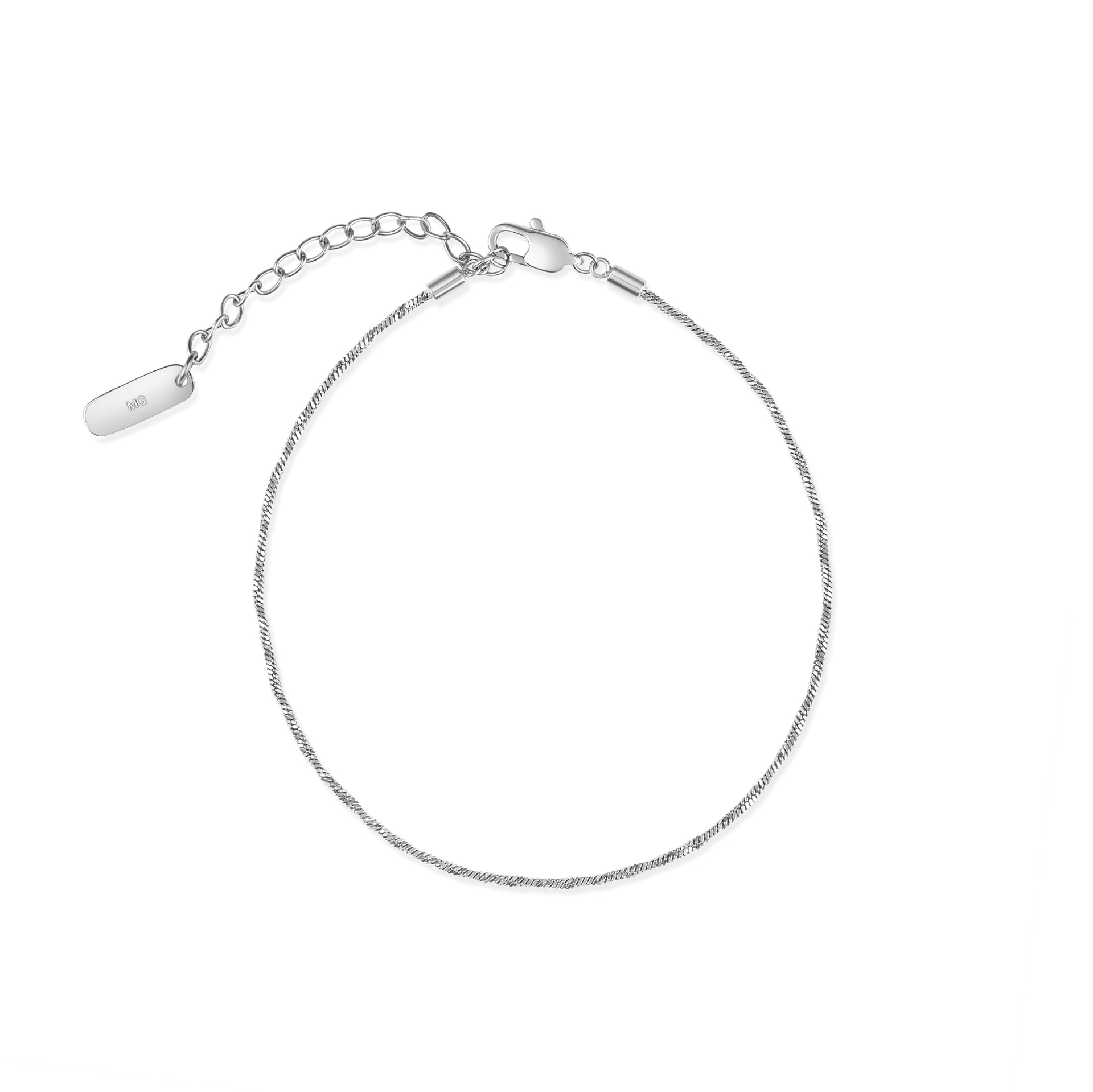 silver stainless steel snake chain bracelet with an extender shown on a white background