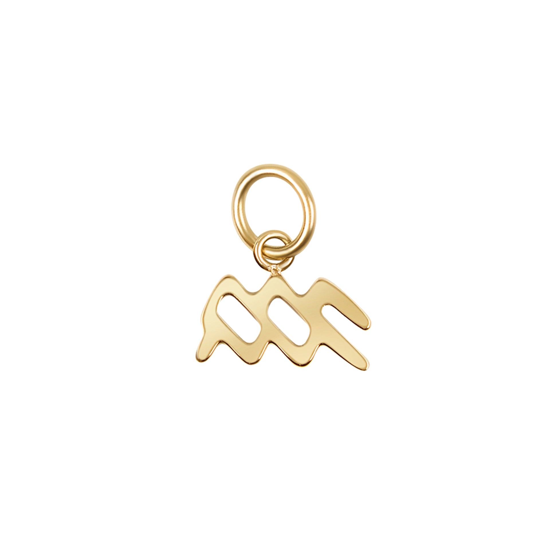 a 14k gold PVD plated stainless steel zodiac charm in the aquarius variant on a white background