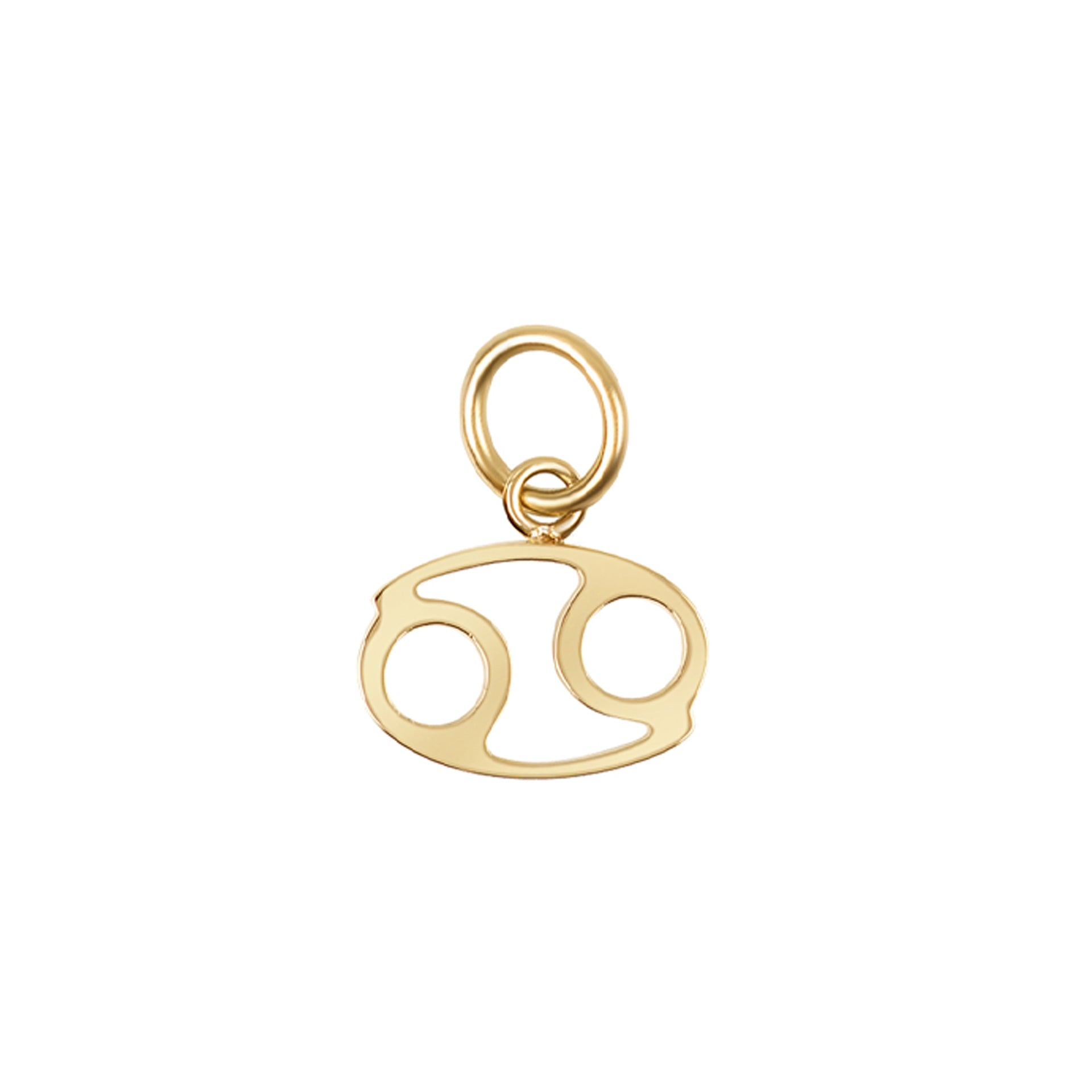 a 14k gold PVD plated stainless steel zodiac charm in the cancer variant on a white background