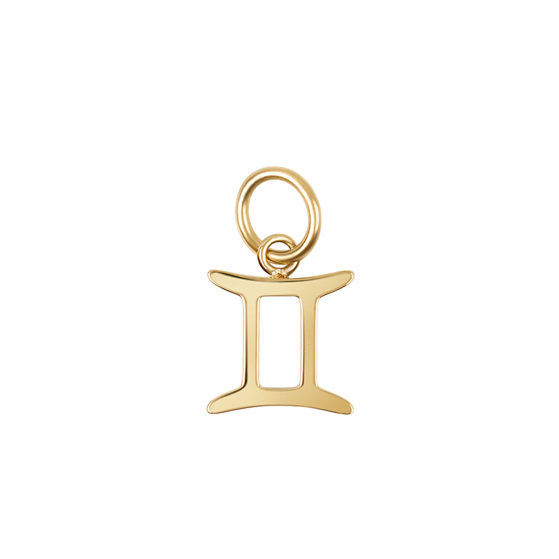 a 14k gold PVD plated stainless steel zodiac charm in the gemini variant on a white background