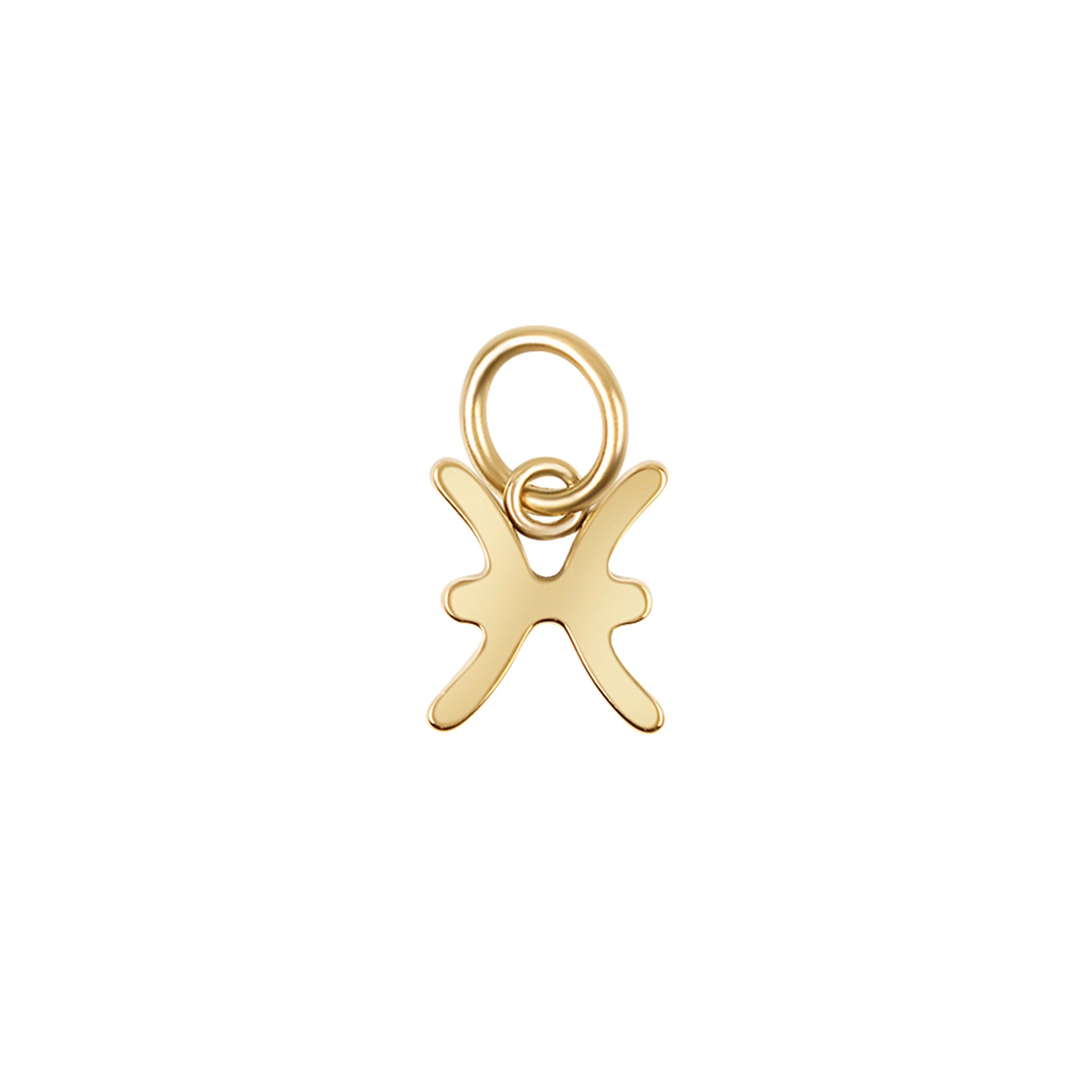 a 14k gold PVD plated stainless steel zodiac charm in the pisces variant on a white background