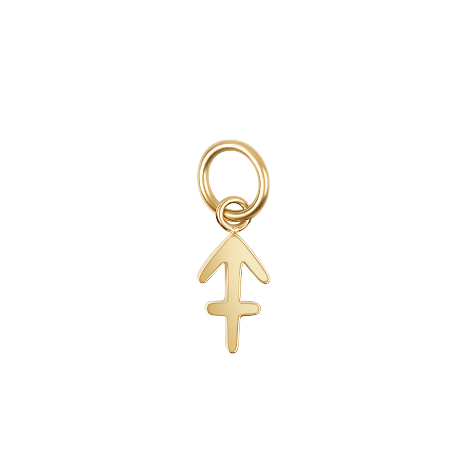 a 14k gold PVD plated stainless steel zodiac charm in the sagittarius variant on a white background