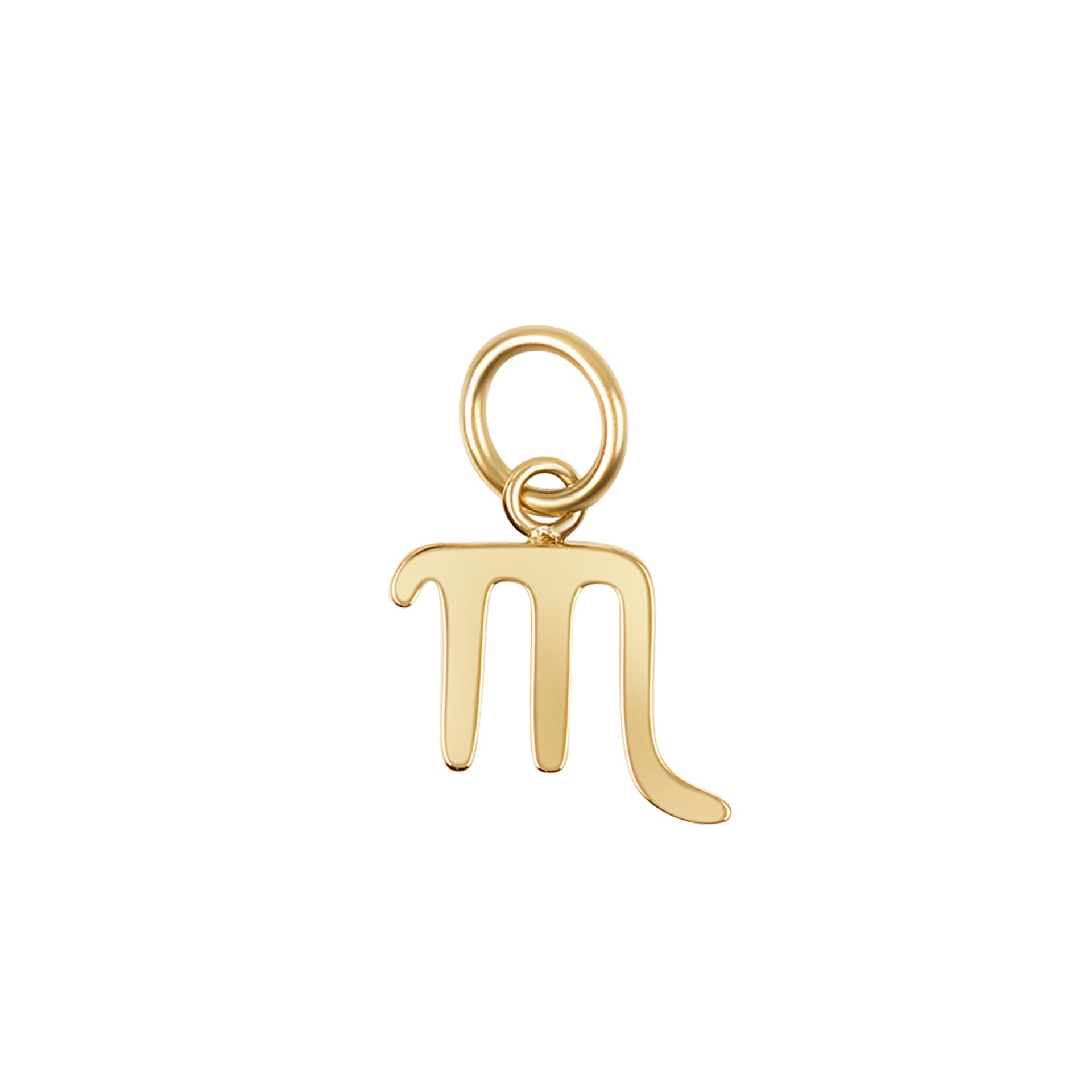 a 14k gold PVD plated stainless steel zodiac charm in the scorpio variant on a white background