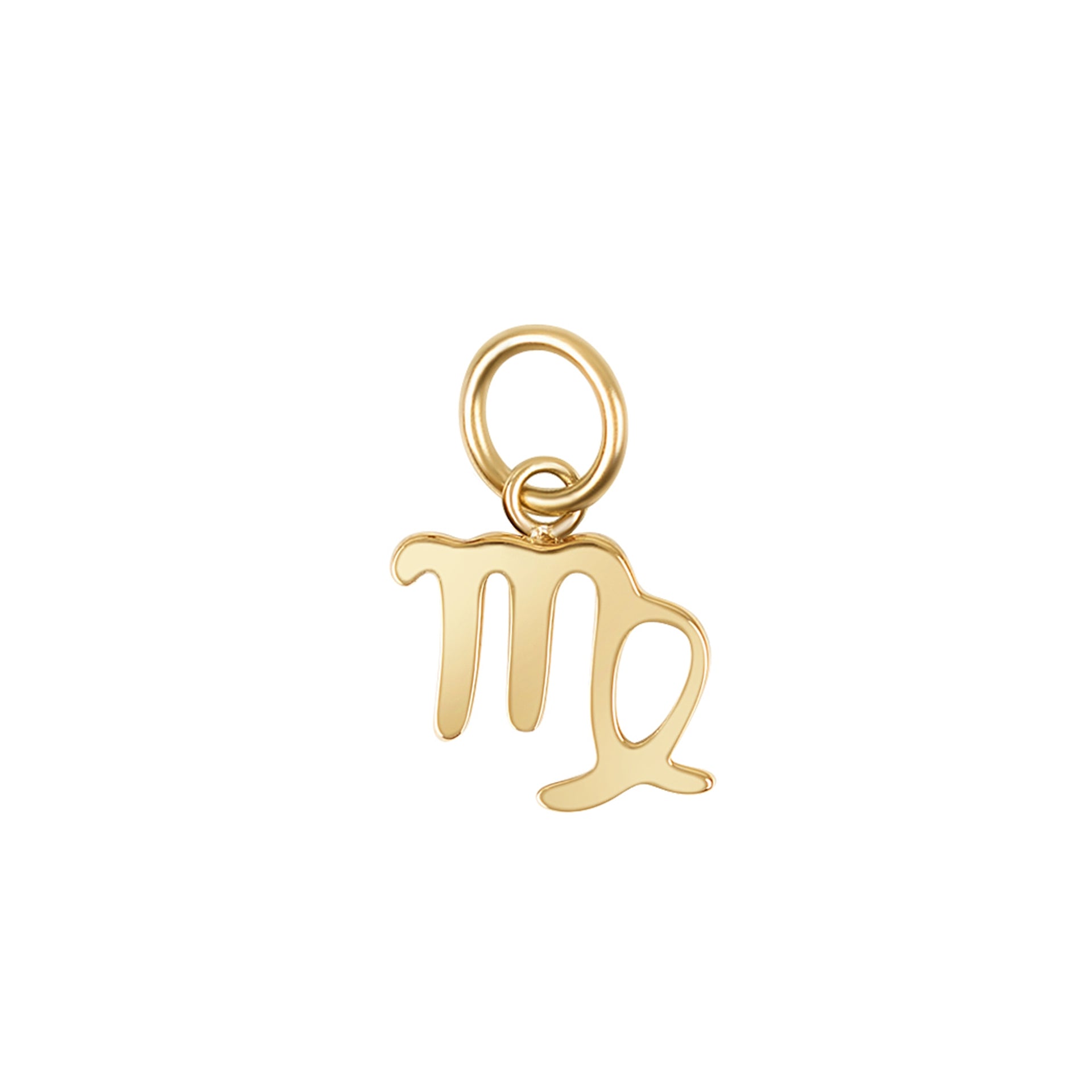 a 14k gold PVD plated stainless steel zodiac charm in the virgo variant on a white background