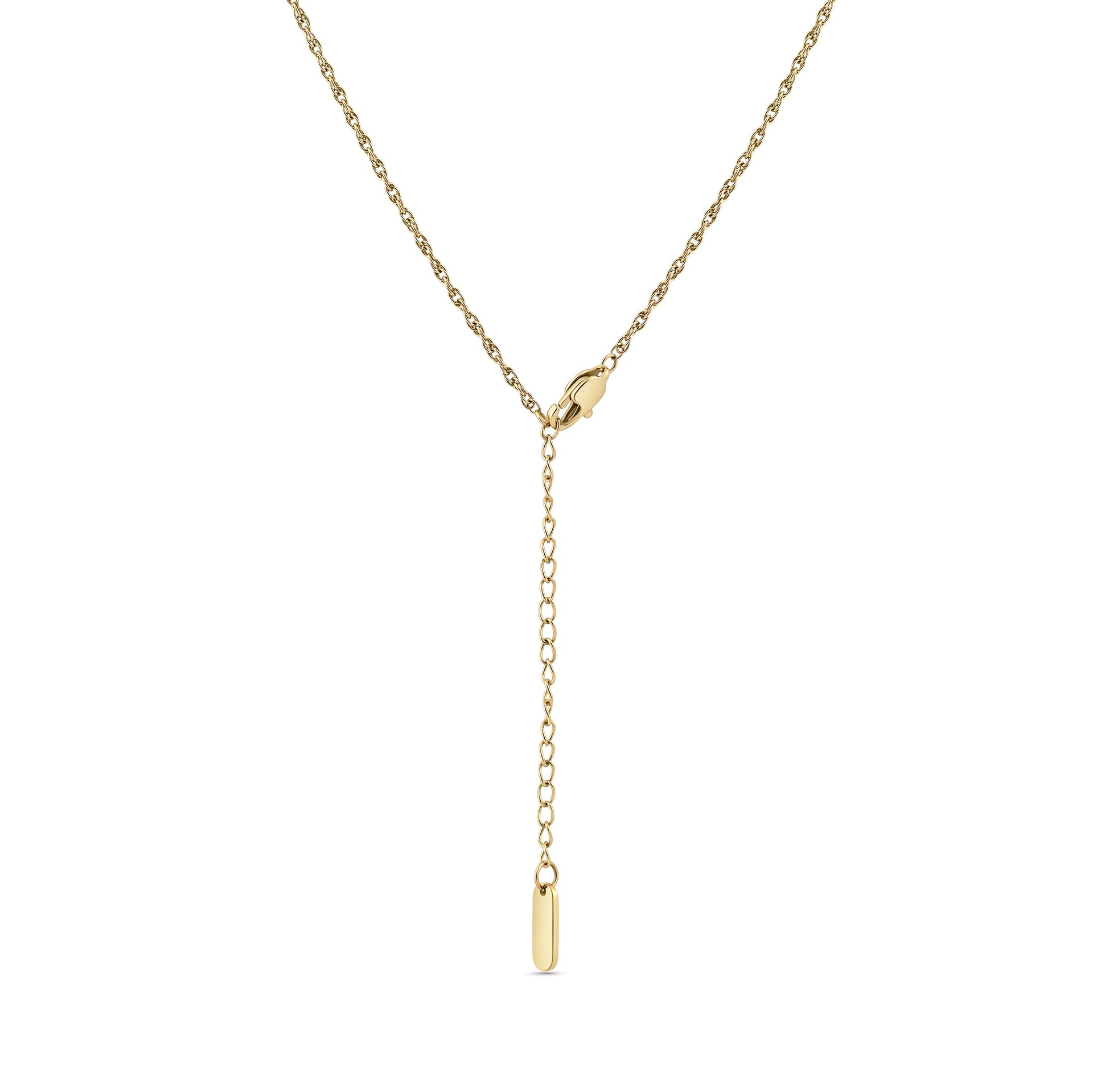 a close up of the extender portion of a 14k gold PVD plated stainless steel twisted cable chain necklace on a white background