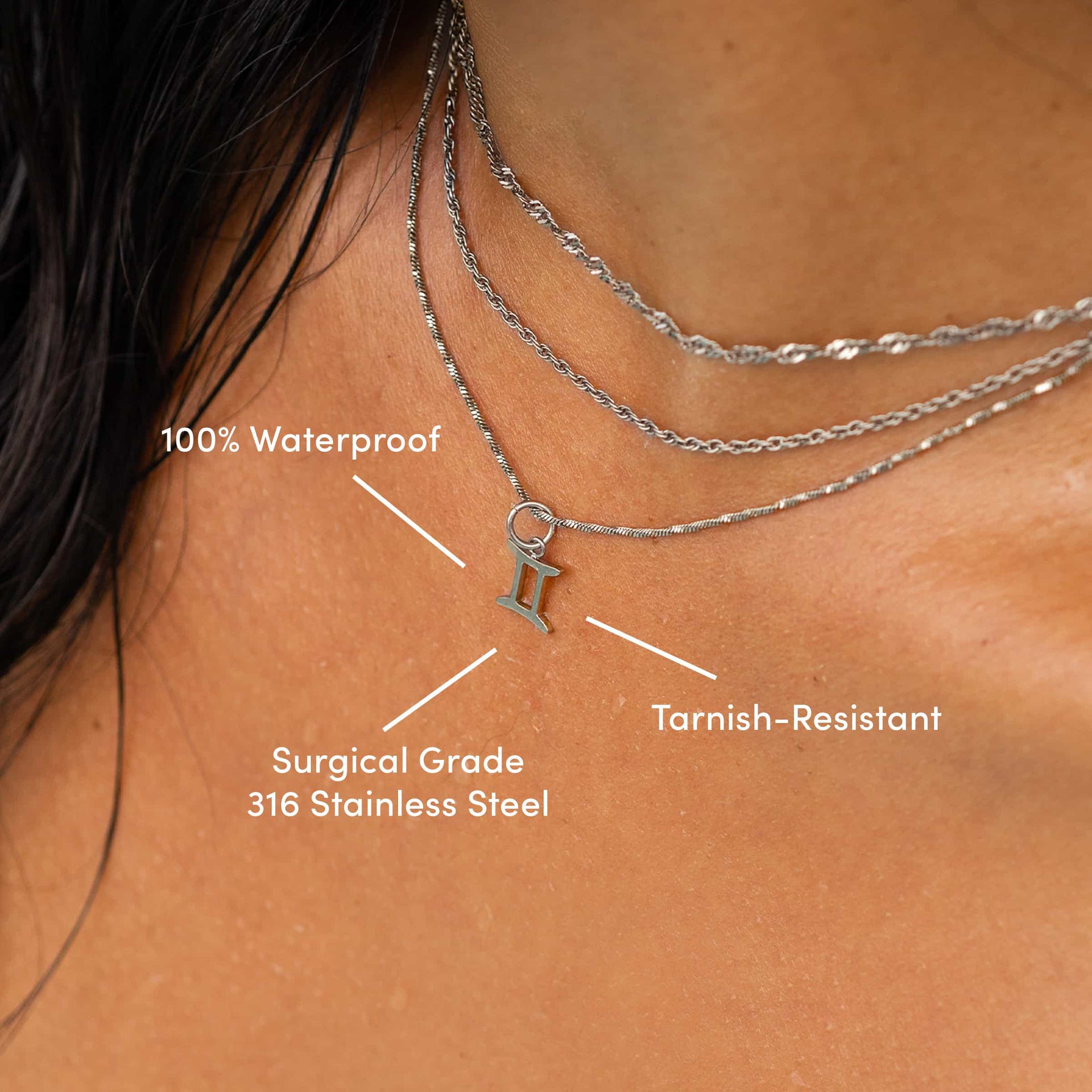 a layered stainless steel necklace look complete with a dainty zodiac charm worn by model with text overlayed "tarnish-resistant, 100% waterproof, surgical grade 316 stainless steel"