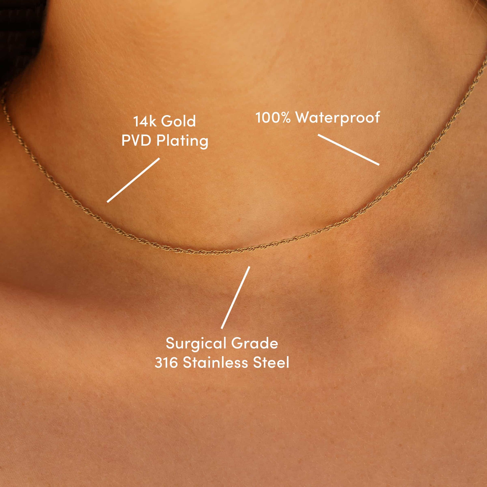 a 14k gold PVD plated stainless steel twisted detail cable chain necklace worn by model with text overlayed "14k gold PVD Plating, 100% waterproof, surgical grade 316 stainless steel"