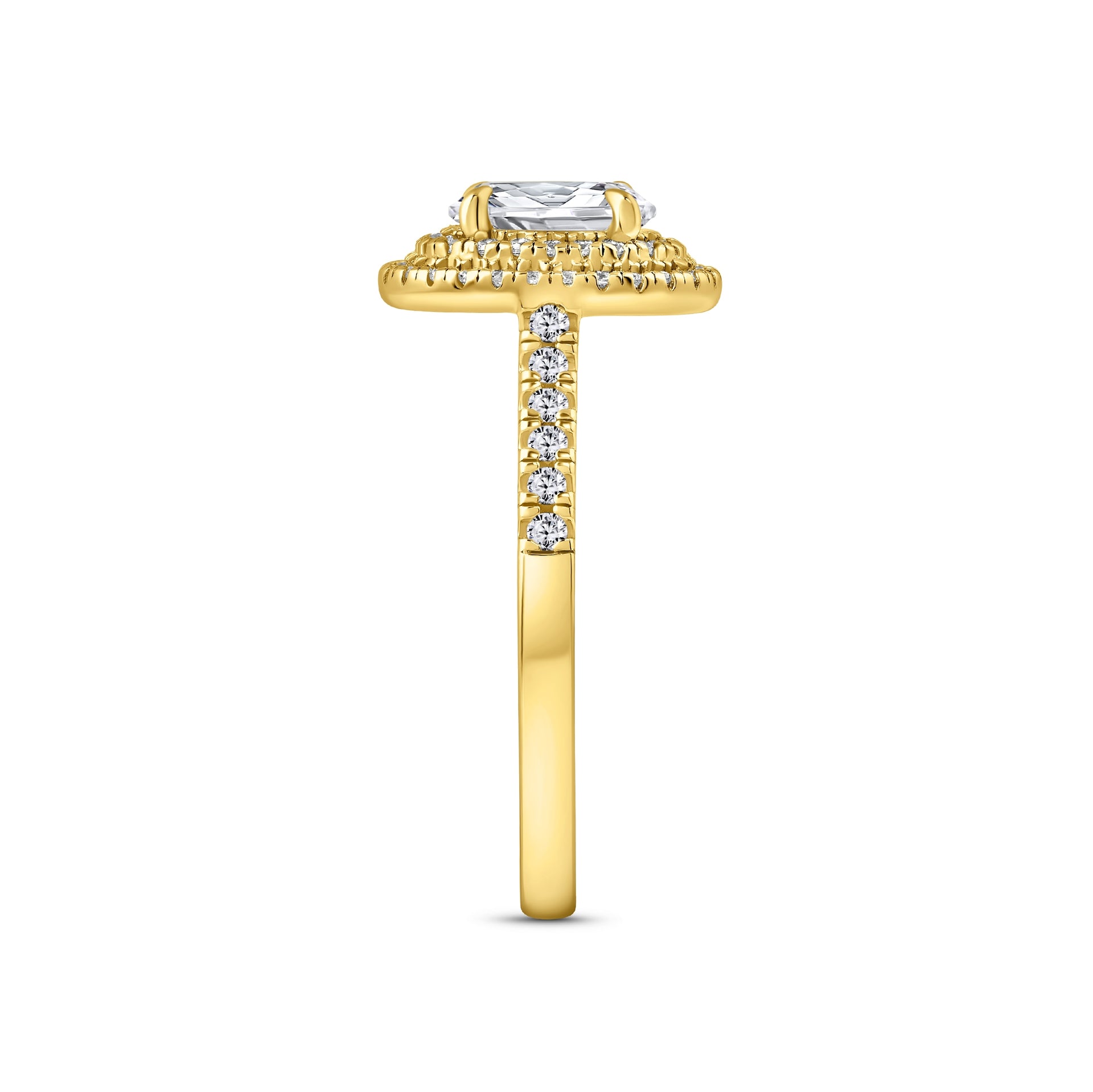 gold 1.5 carat oval cut double halo half eternity engagement ring shown at a side view