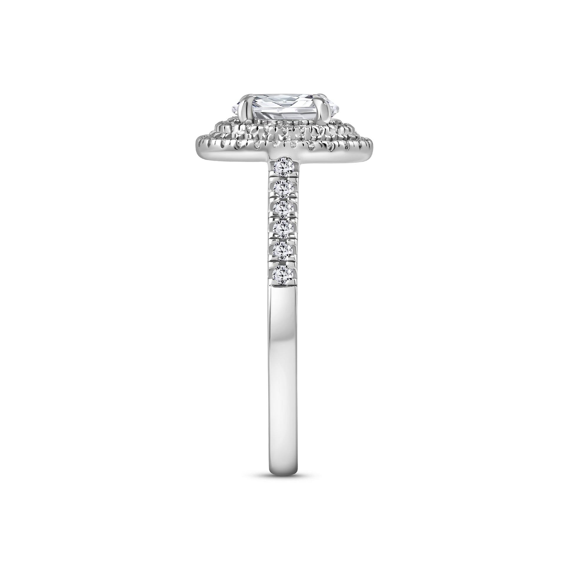 silver 1.5 carat oval cut double halo half eternity engagement ring shown at a side view