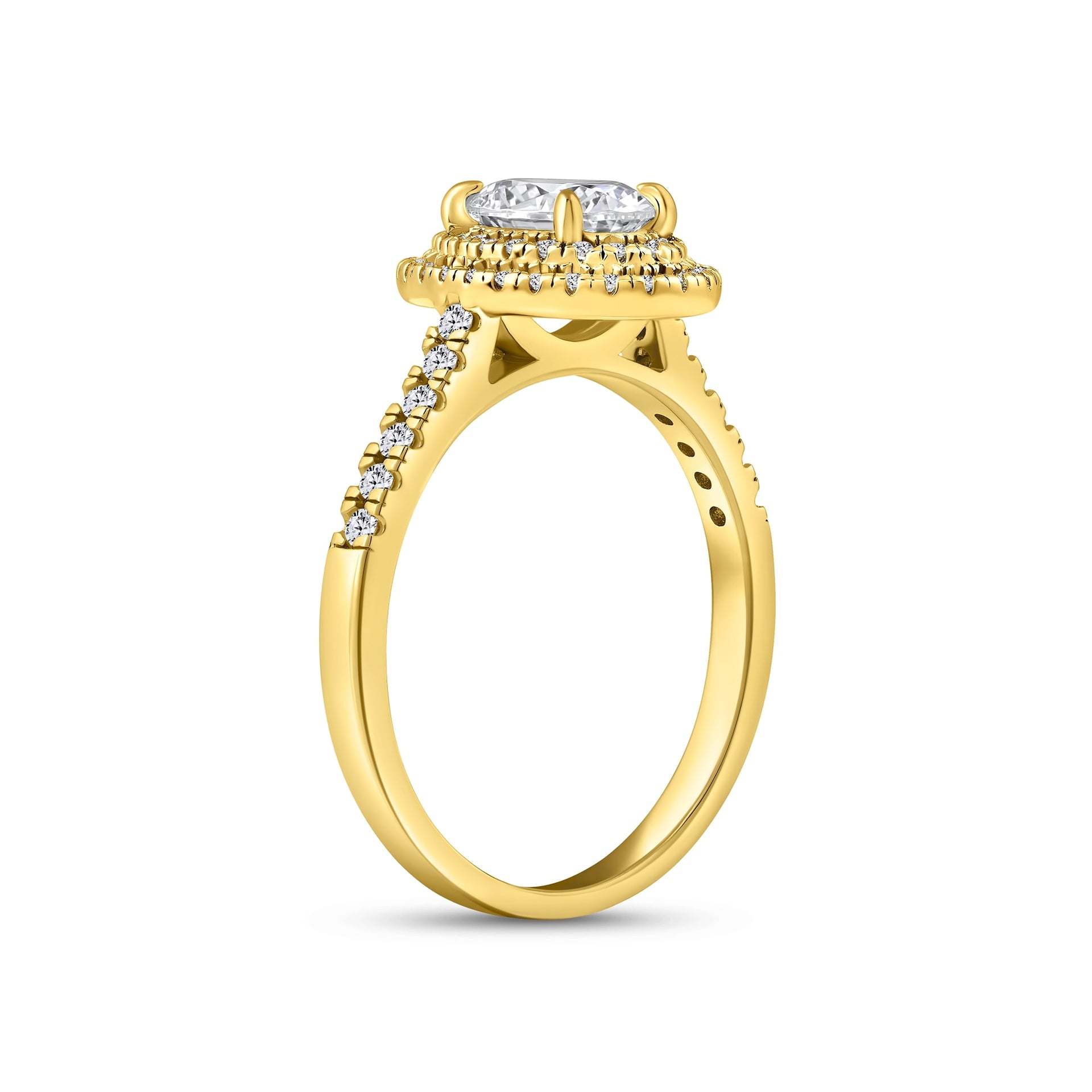 gold 1.5 carat oval cut double halo half eternity engagement ring shown at a slight side view
