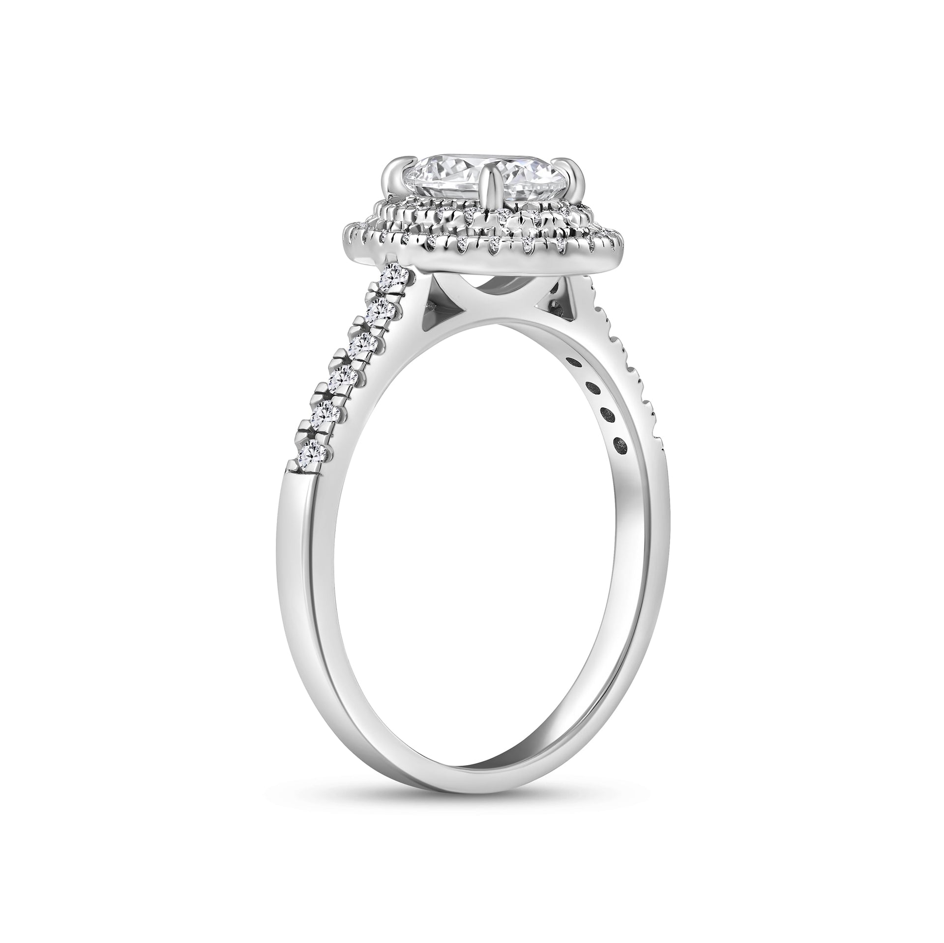 silver 1.5 carat oval cut double halo half eternity engagement ring shown at a slight side view