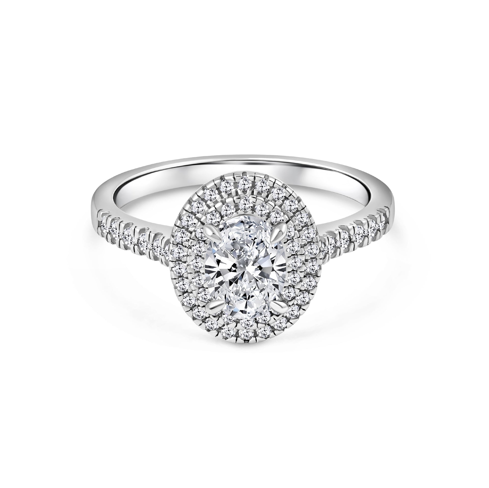 Oval Cut Double Halo Pavé Engagement Ring in 925 Sterling Silver on a white background
