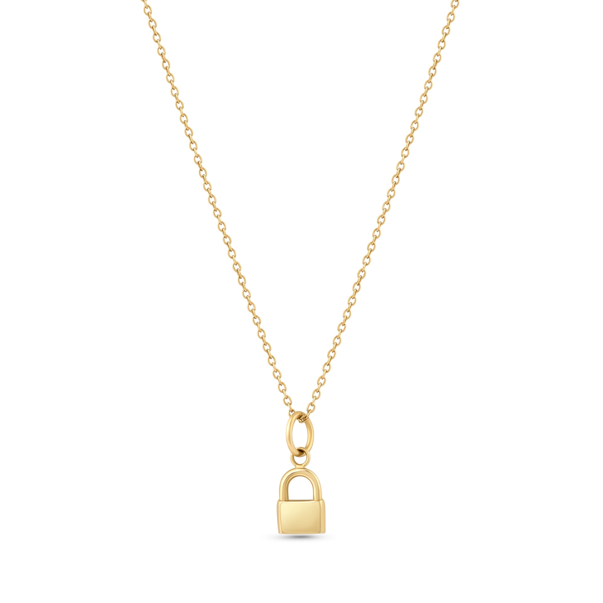 Gold Stainless Steel Lock Charm paired with a cable chain on a white background