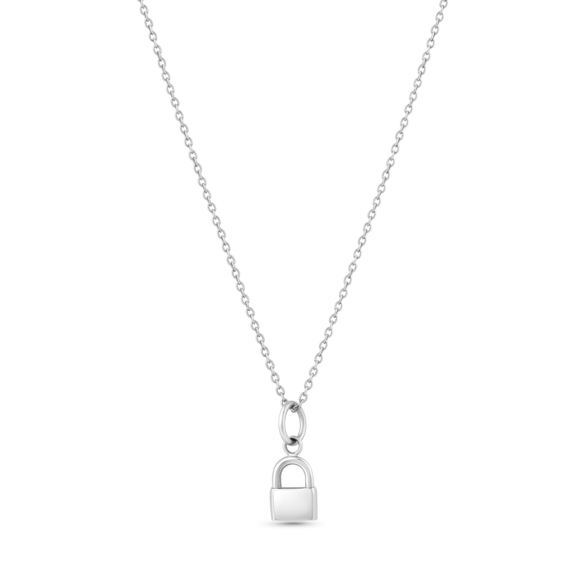 Silver Stainless Steel Lock Charm paired with a cable chain on a white background