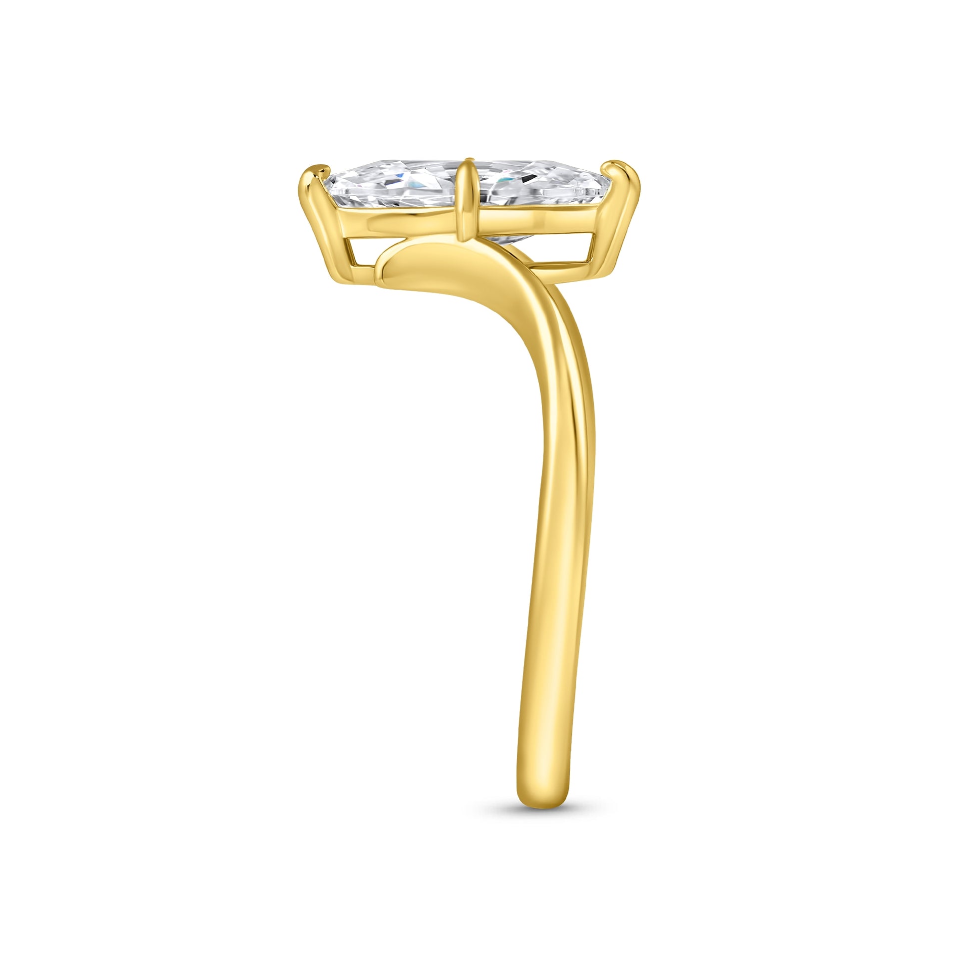 side view of a gold 2 carat marquise solitaire chevron engagement ring on a white background