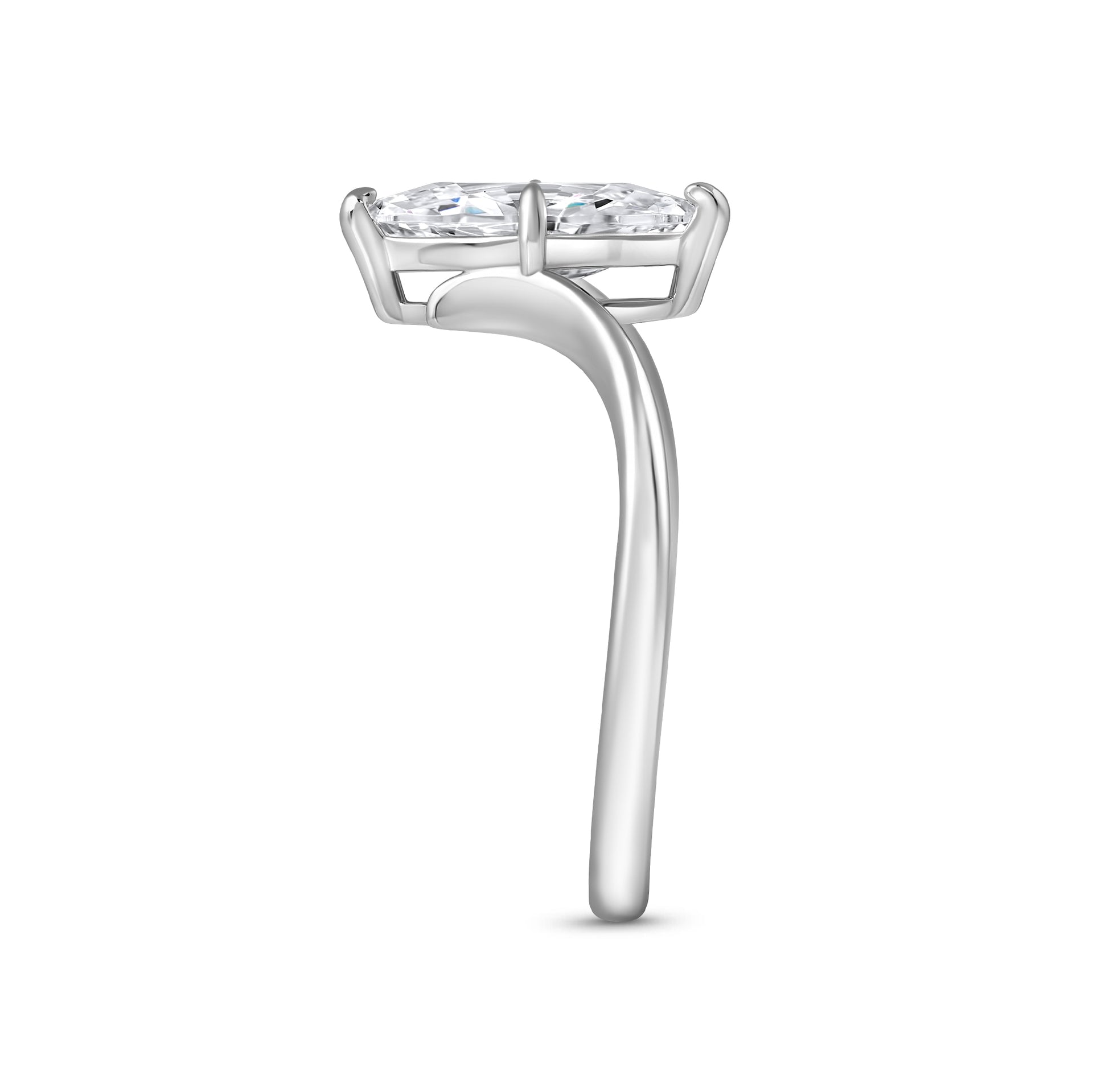 side view of a silver 2 carat marquise solitaire chevron engagement ring on a white background
