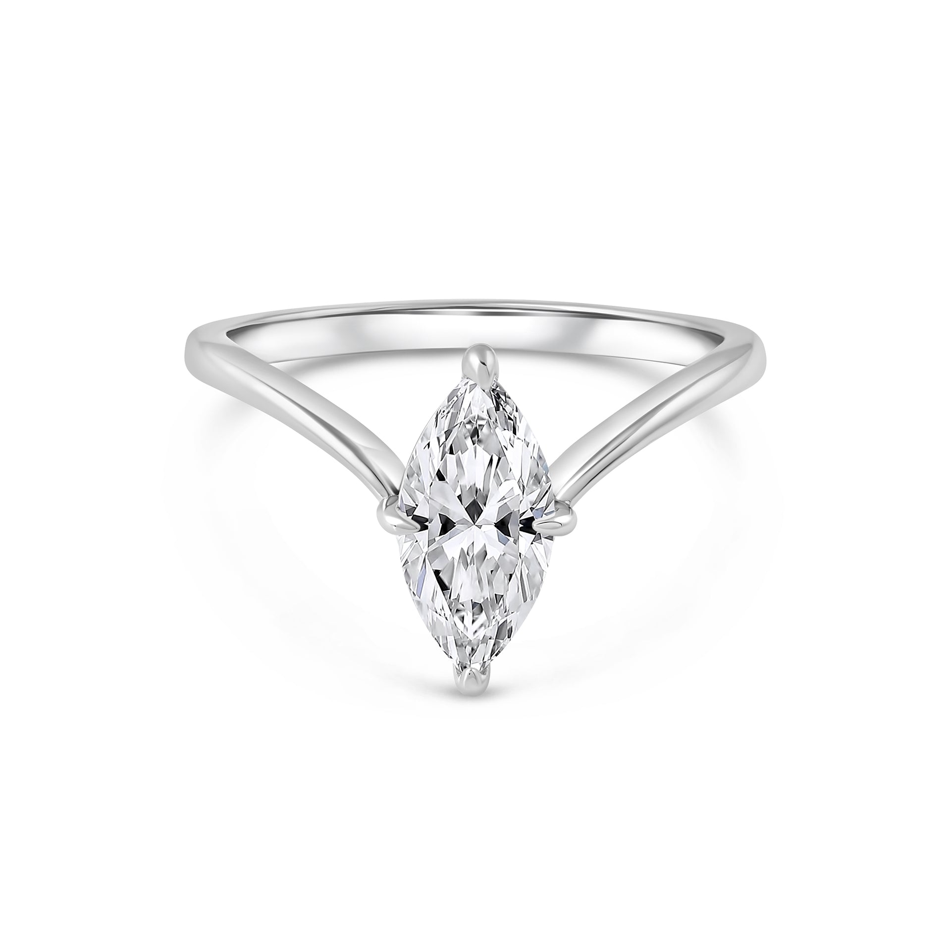 silver 2 carat marquise solitaire chevron engagement ring on white background