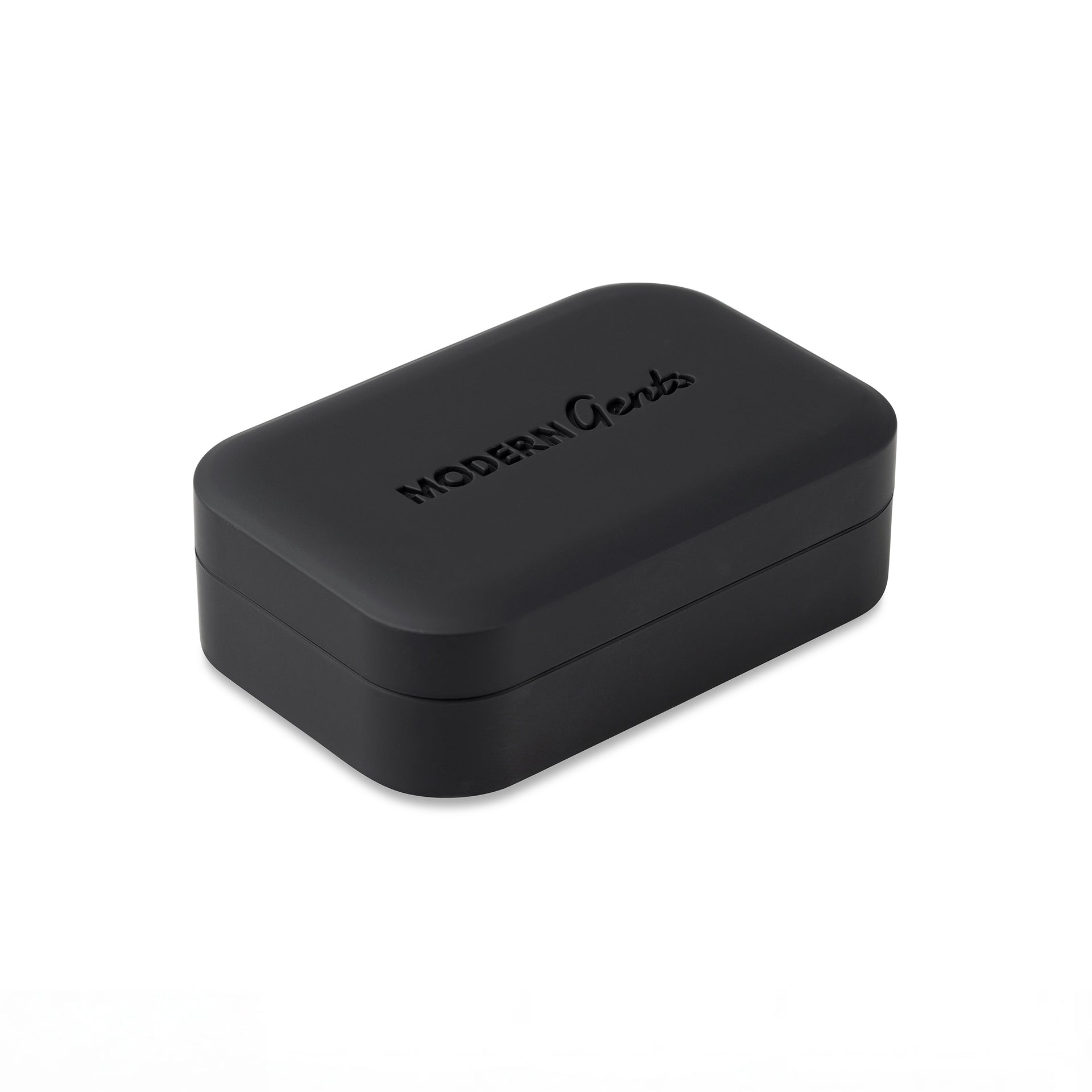 a black ring box with the Modern Gents logo on the lid on a white background