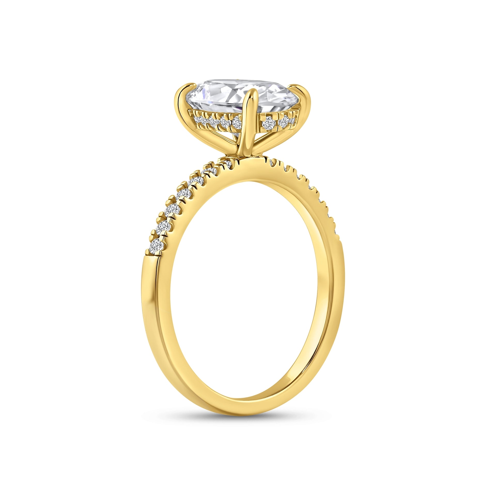 gold 4 carat oval cut half eternity engagement ring with a hidden halo shown from an alternate angle on white background
