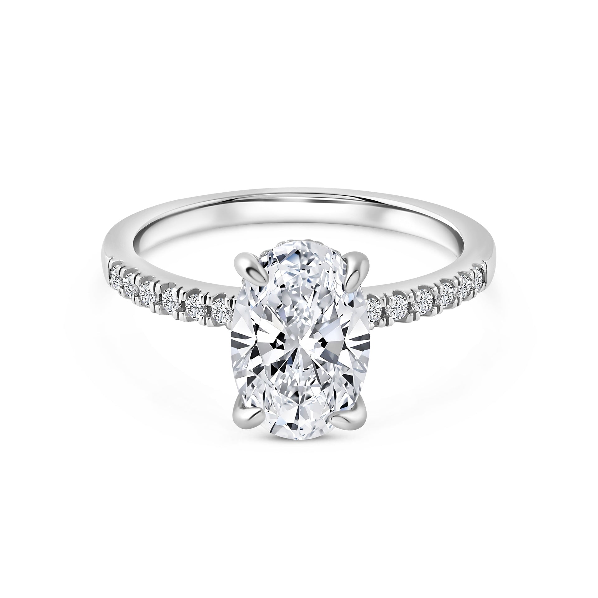 silver 4 carat oval cut half eternity engagement ring on white background