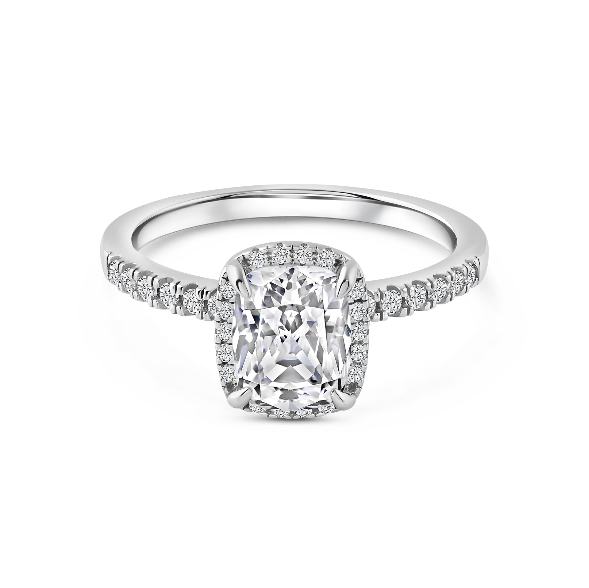 silver 3 carat elongated cushion cut halo engagement ring on white background