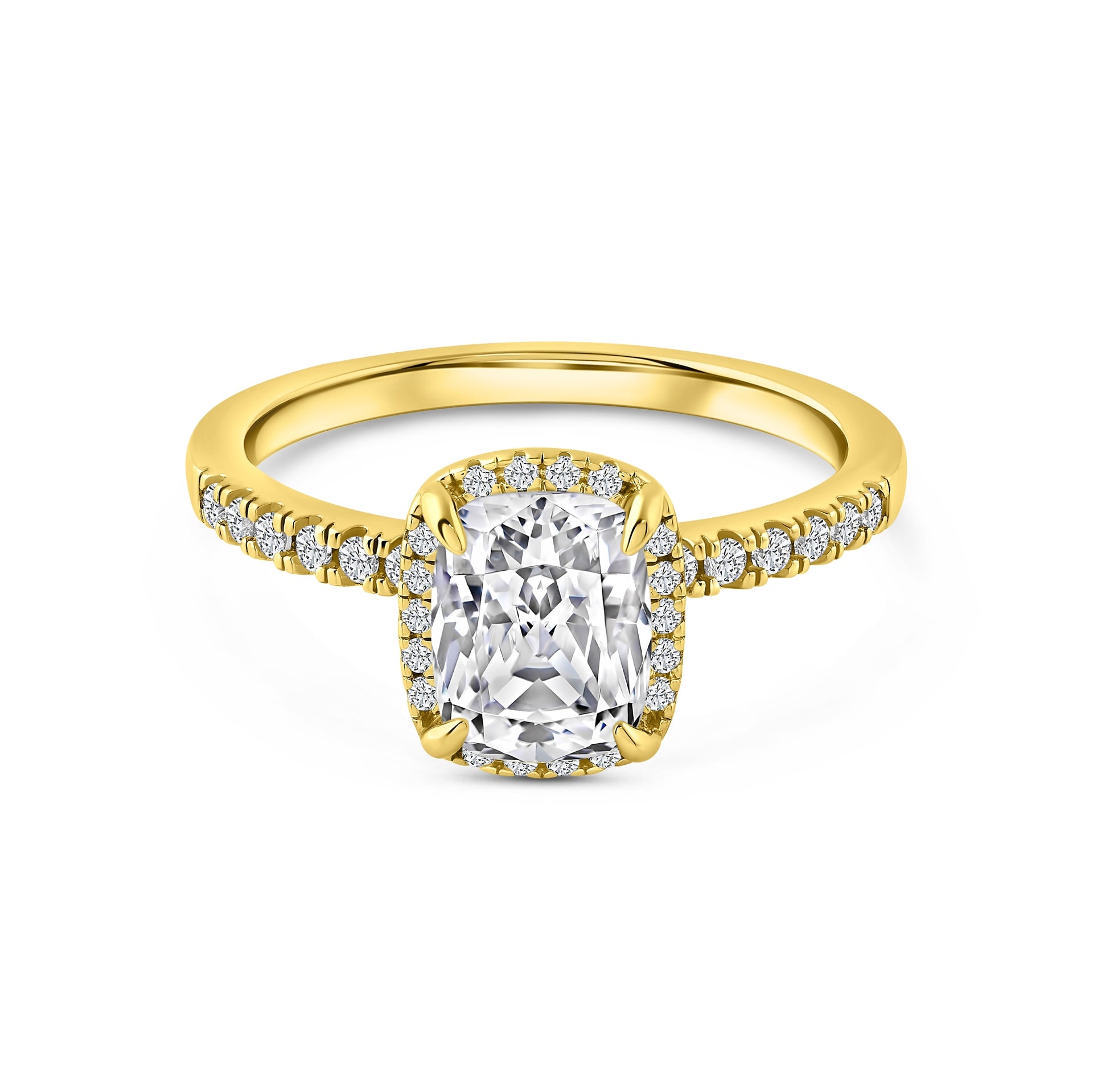 gold 3 carat elongated cushion cut halo engagement ring on white background