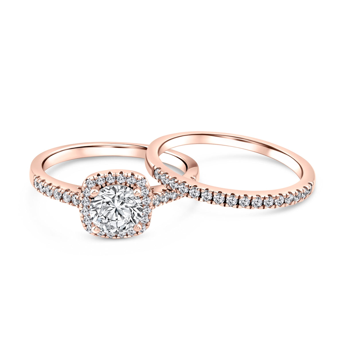rose gold 1.5 carat round cut cushion halo wedding ring set on a white background