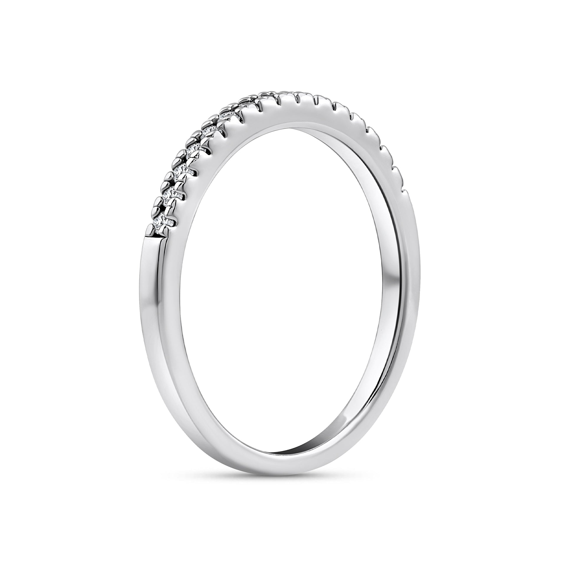 silver half eternity wedding band on a white background