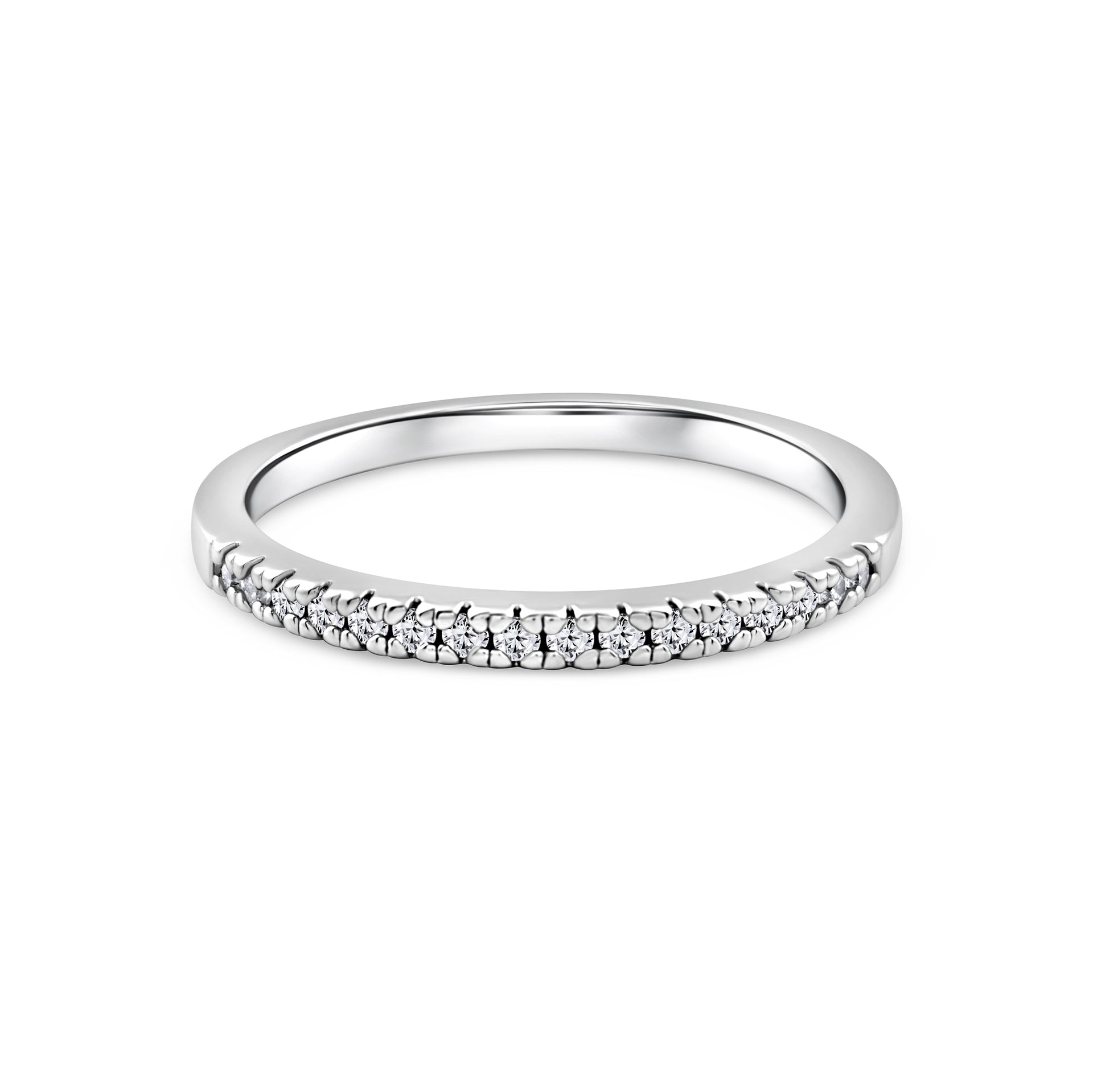 silver half eternity wedding band on a white background