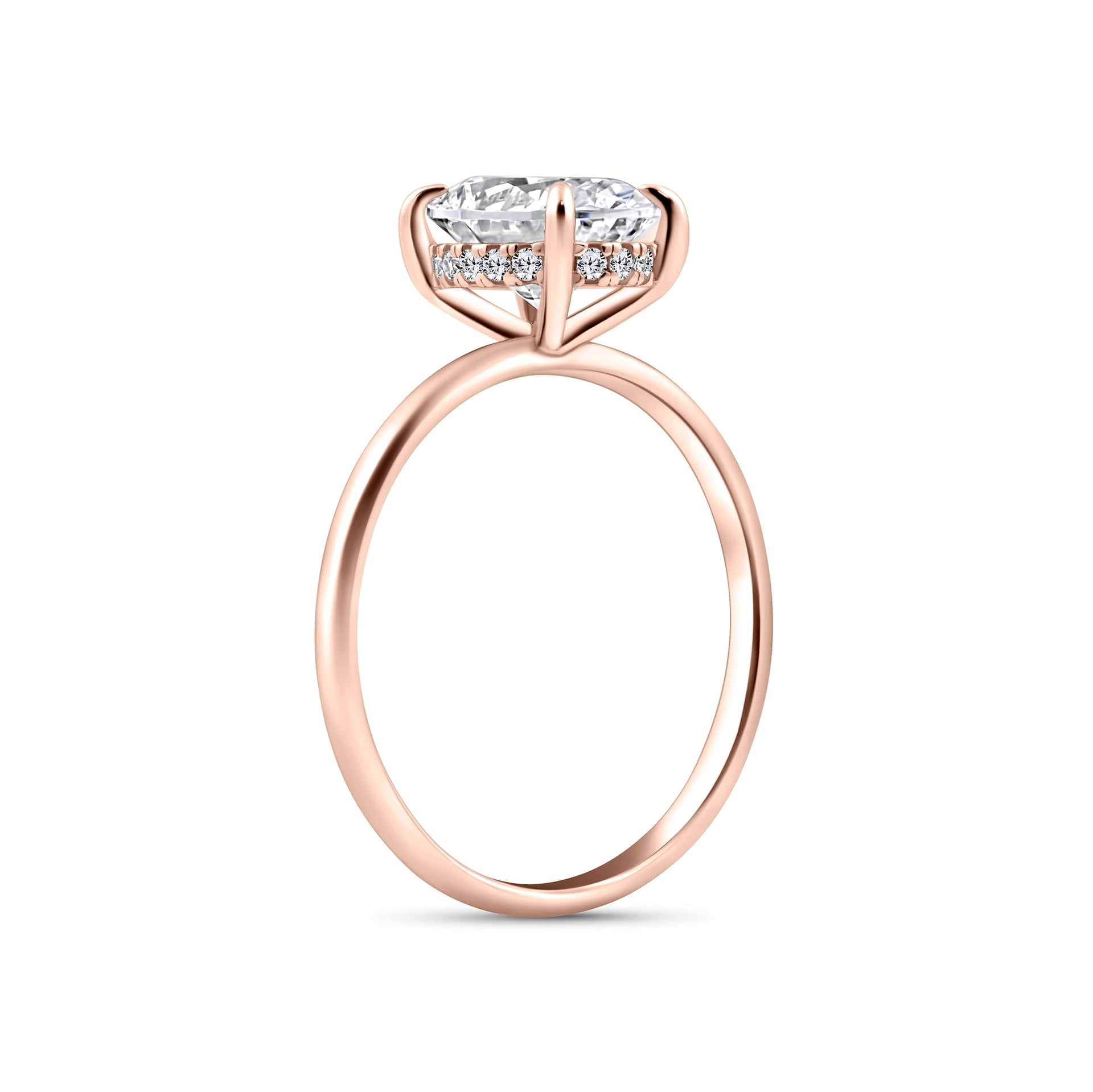 rose gold 3 carat oval cut hidden halo solitaire engagement ring on a white background