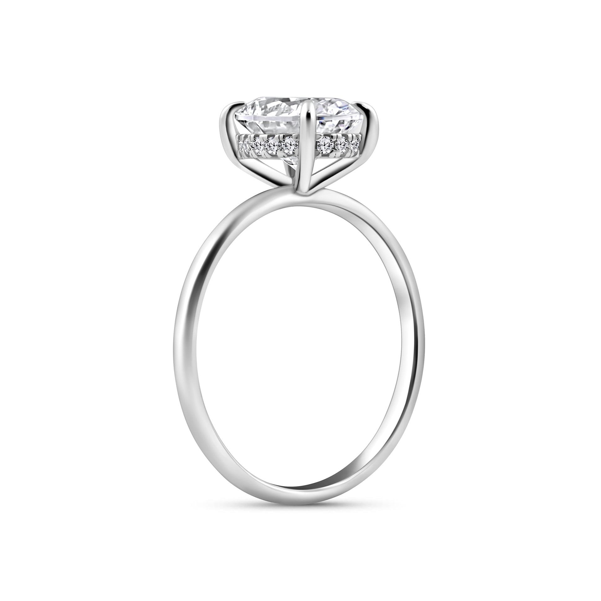 silver 3 carat oval cut hidden halo solitaire engagement ring on a white background