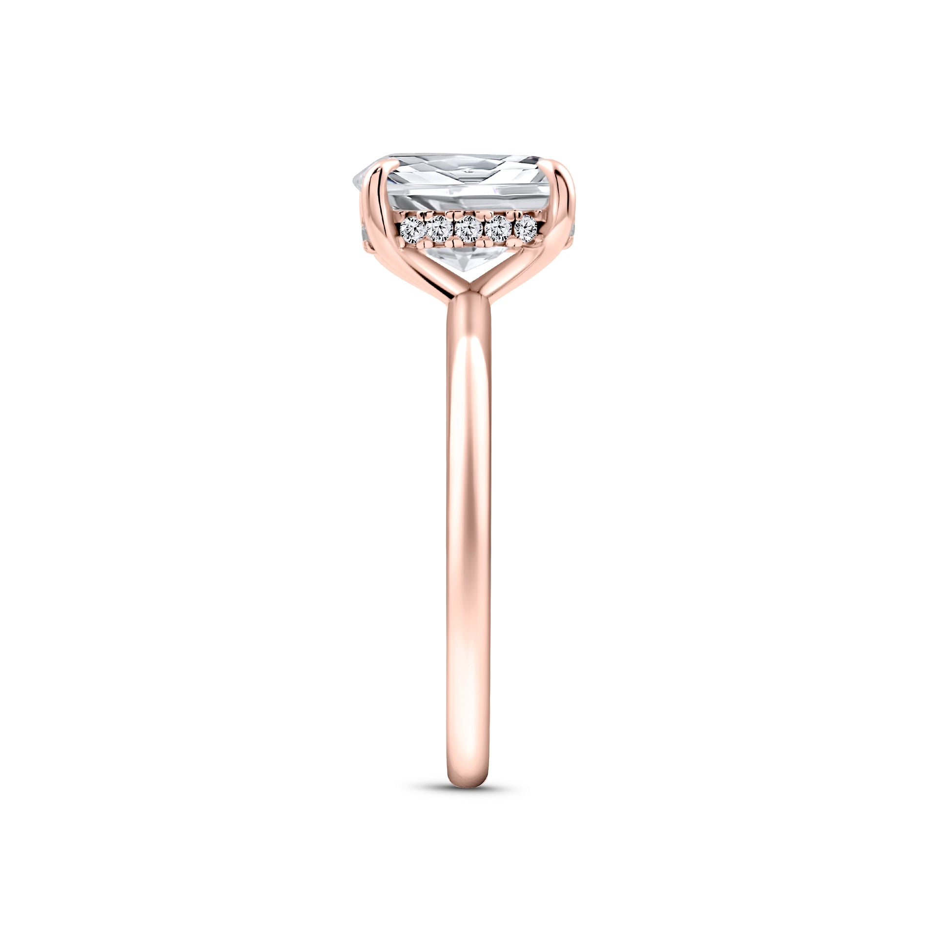 rose gold 3 carat oval cut hidden halo solitaire engagement ring on a white background
