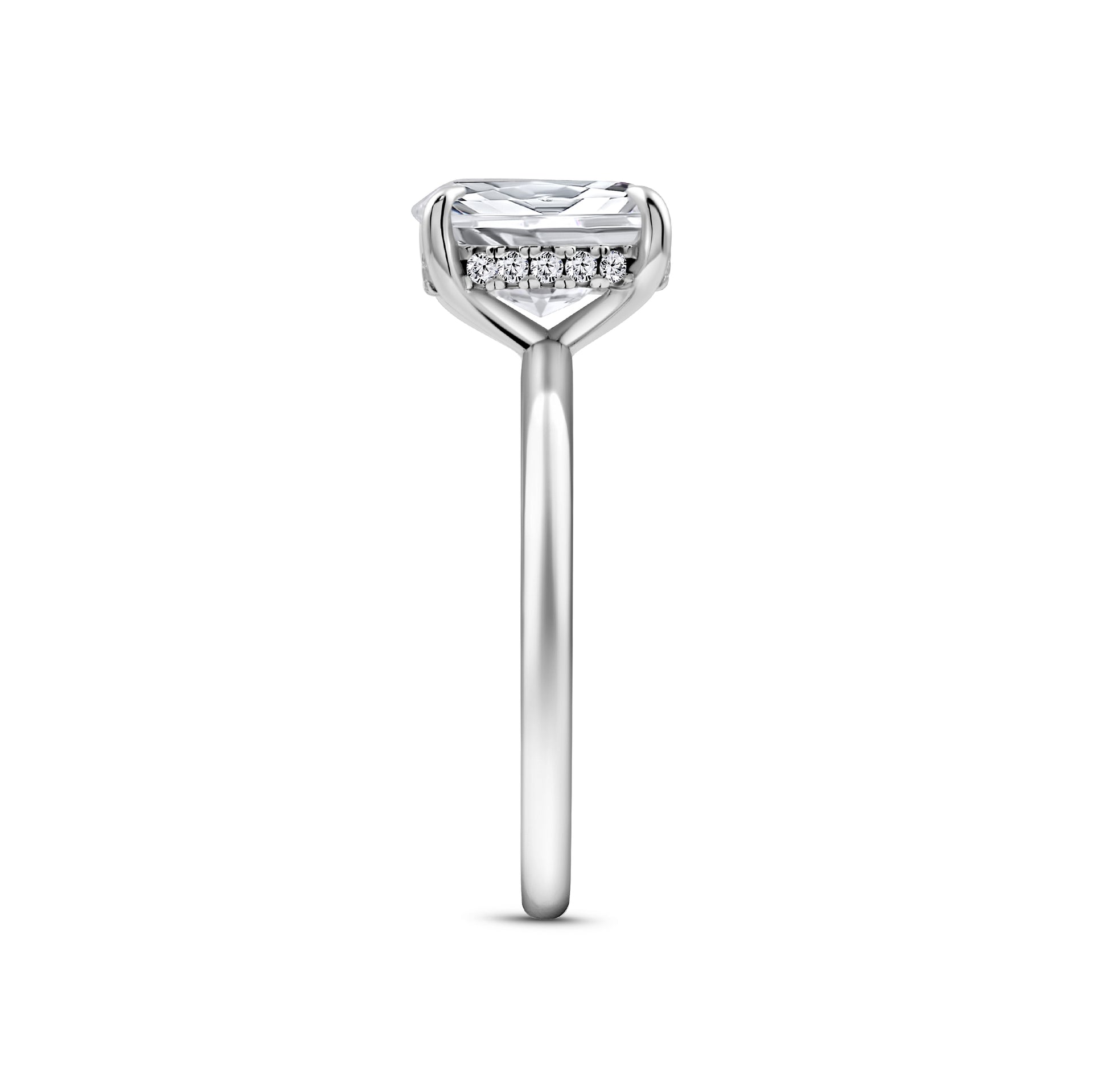 silver 3 carat oval cut hidden halo solitaire engagement ring on a white background