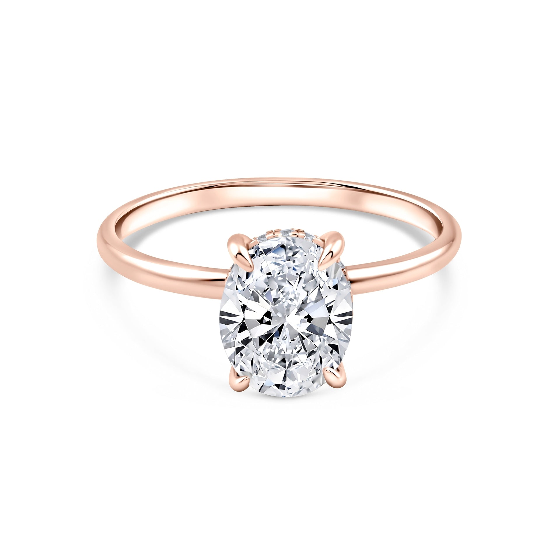 rose gold 3 carat oval cut hidden halo solitaire engagement ring on a white background