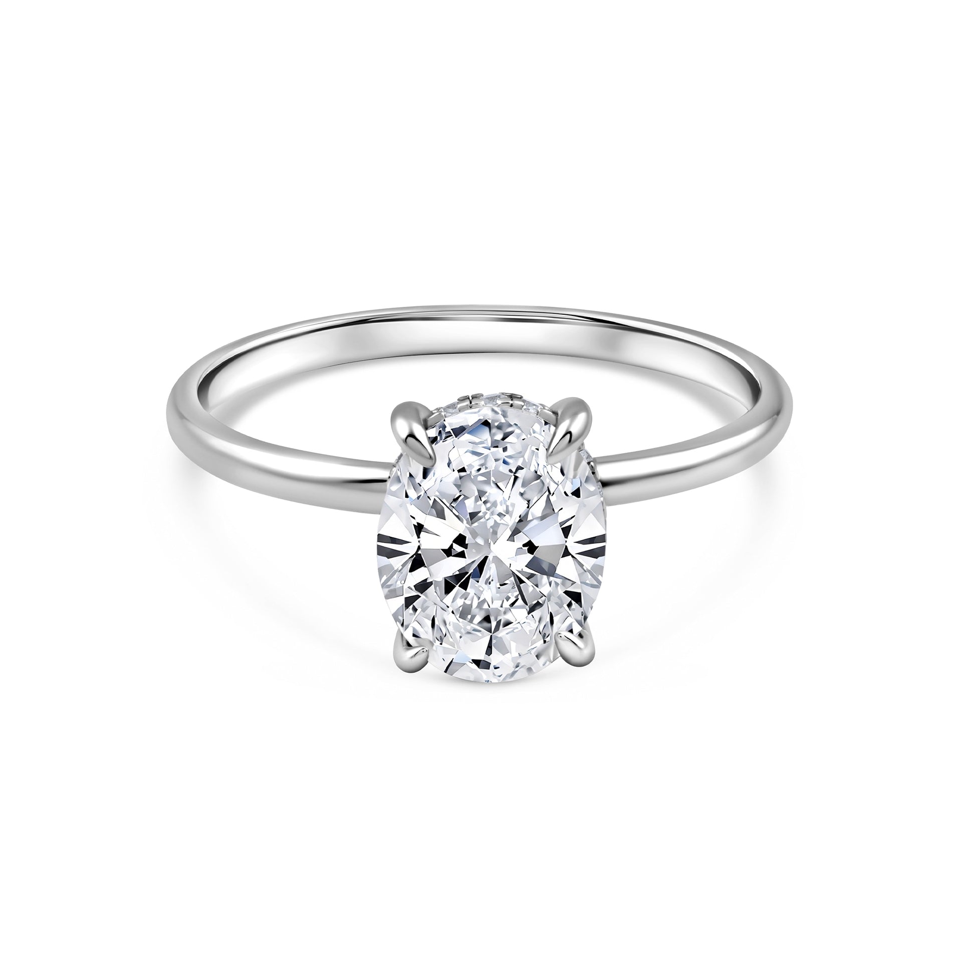 silver 3 carat oval cut hidden halo solitaire engagement ring on a white background