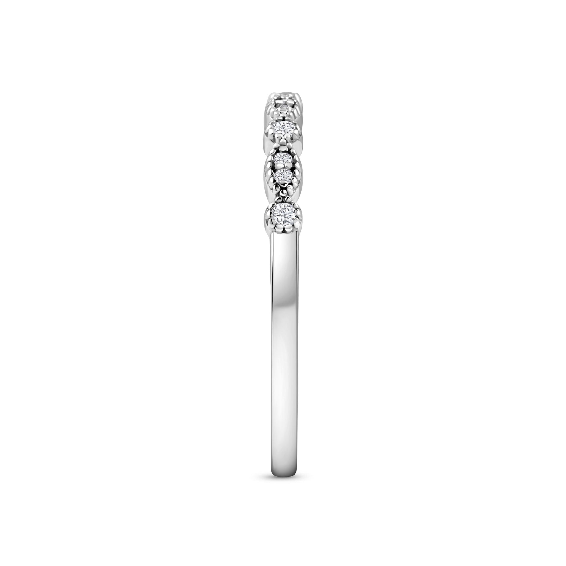 silver vintage inspired half eternity wedding band on a white background