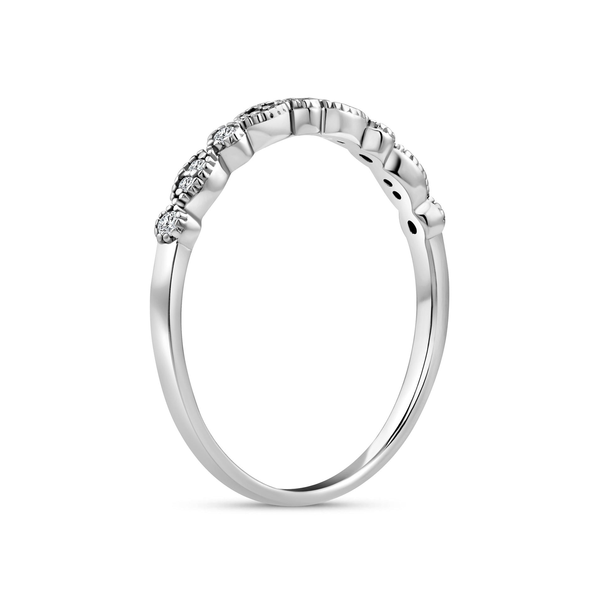 silver vintage inspired half eternity wedding band on a white background