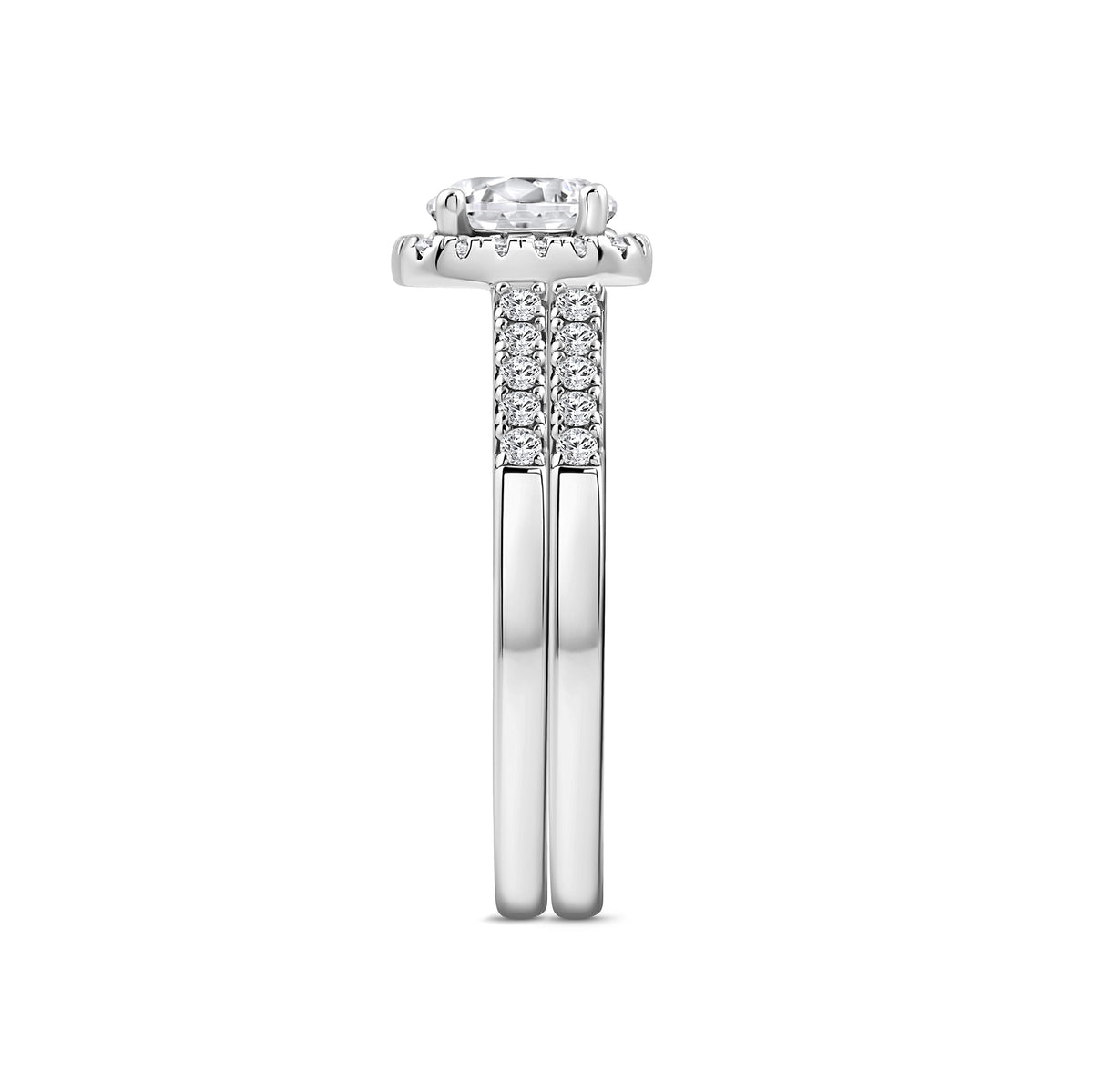 silver 1.5 carat round cut cushion halo wedding ring set on a white 